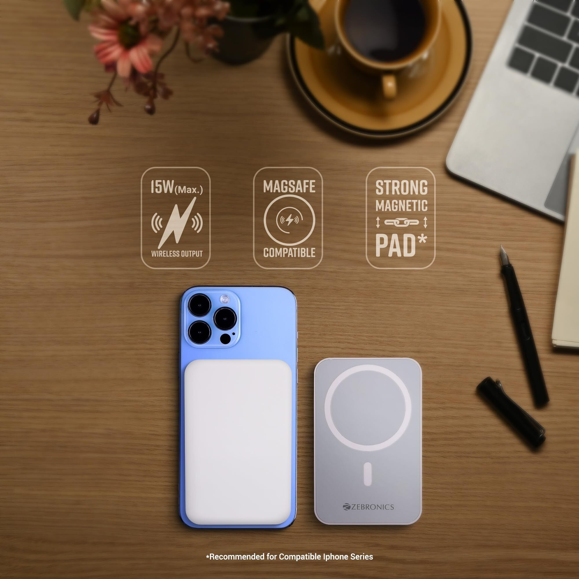 ZEBRONICS MW63 Wireless Power Bank, 10000 mAh, Rapid Charge, Magsafe, Outputs - 20W Wired | 15W Wireless, Type C PD, Built in Protections, LED Indicator, Compatible with iPhone, Made in India
