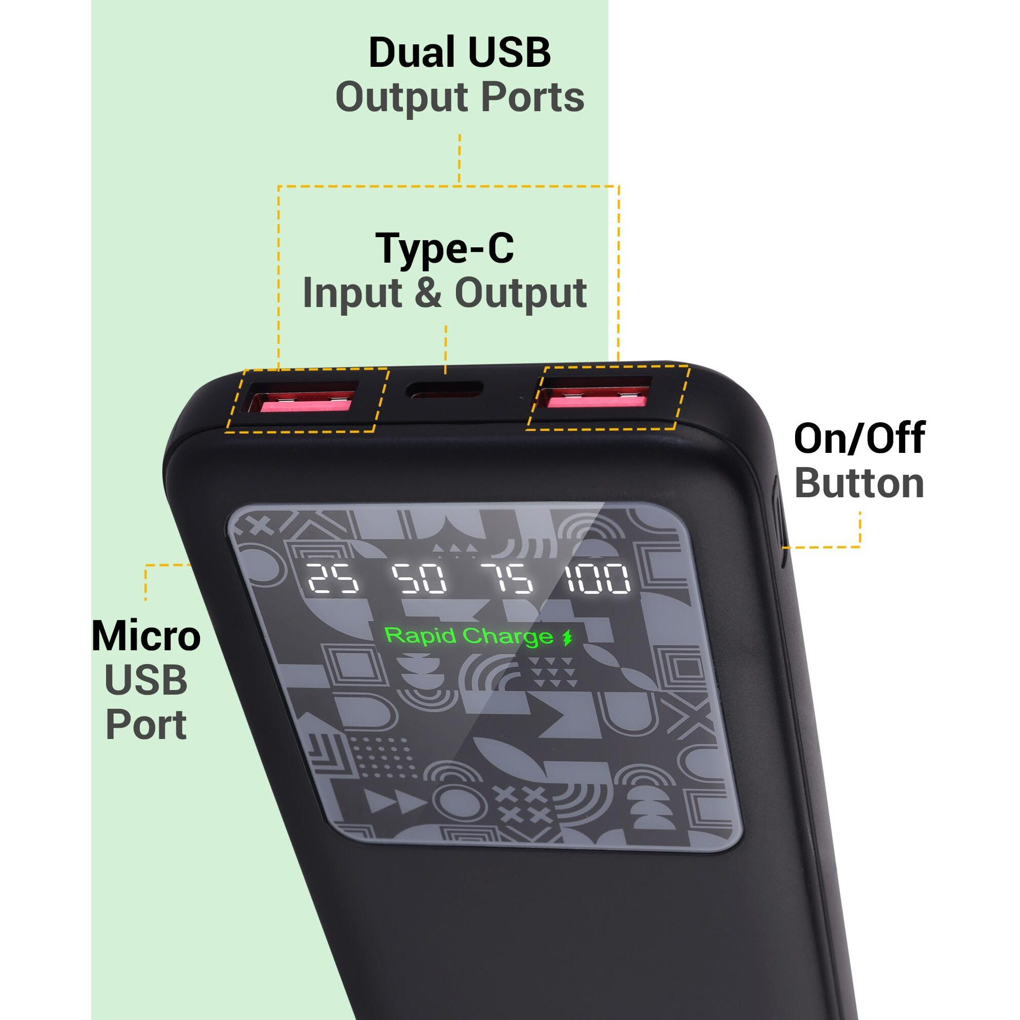 ZEBRONICS MB10000S15 Power Bank, 10000 mAh, Rapid Charge, 22.5W Output, Dual USB Output, PD 3.0 Type C, Built in Protections, Percentage Indicator, Made in India