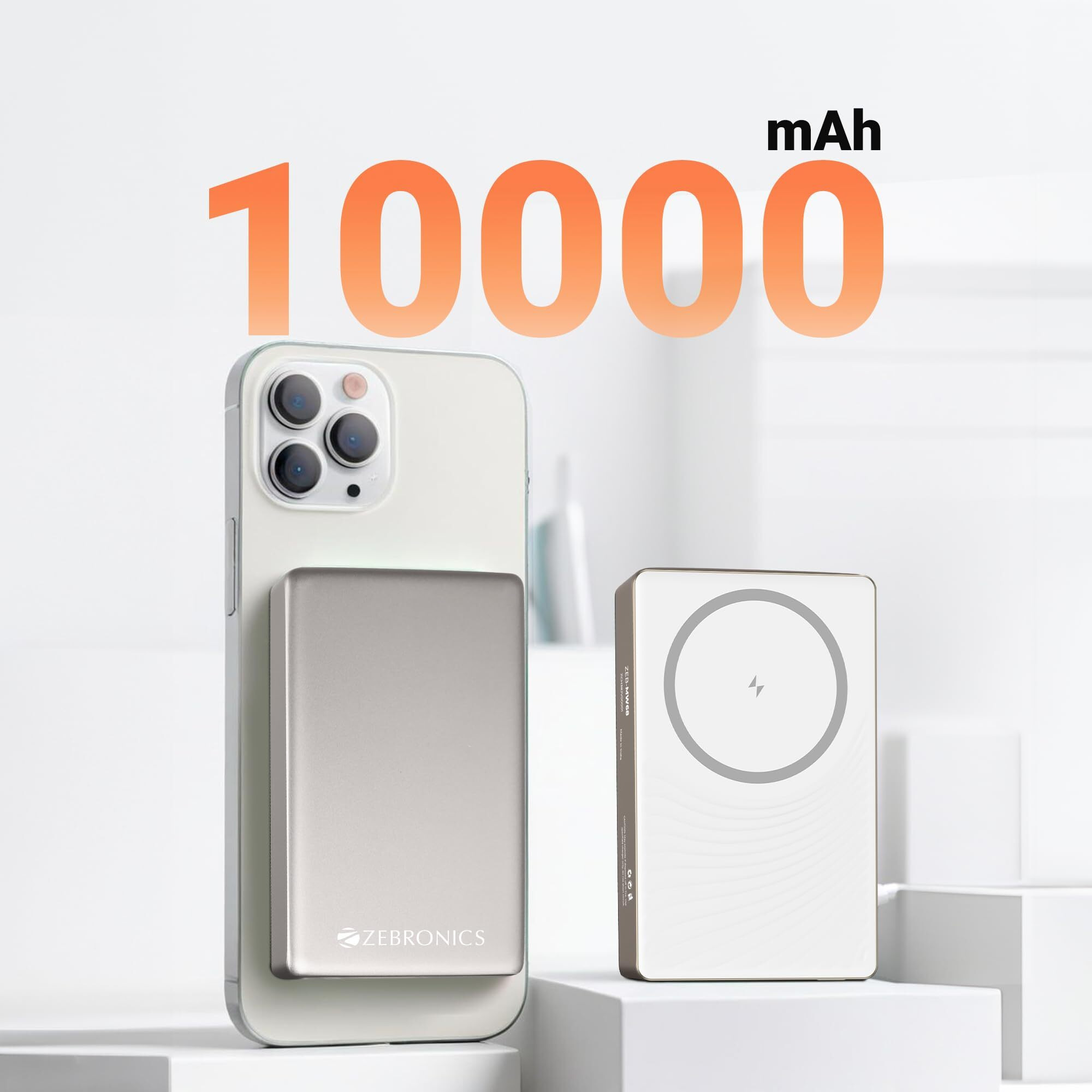 ZEBRONICS MW68 Wireless Power Bank, 10000 mAh, Rapid Charge, Magsafe Compatible, Outputs - 22.5W Wired | 15W Wireless, Type C PD Input & Output, Made in India (White)