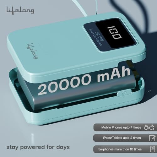 Lifelong AMPCHARGE 20000 mAh 22.5 W Compact Pocket Size Power Bank with 4 Input/Output Port (Light Blue, Lithium Polymer, Fast Charging, Quick Charge 3.0 for Mobile, Earbuds, Smartwatch, Speaker)