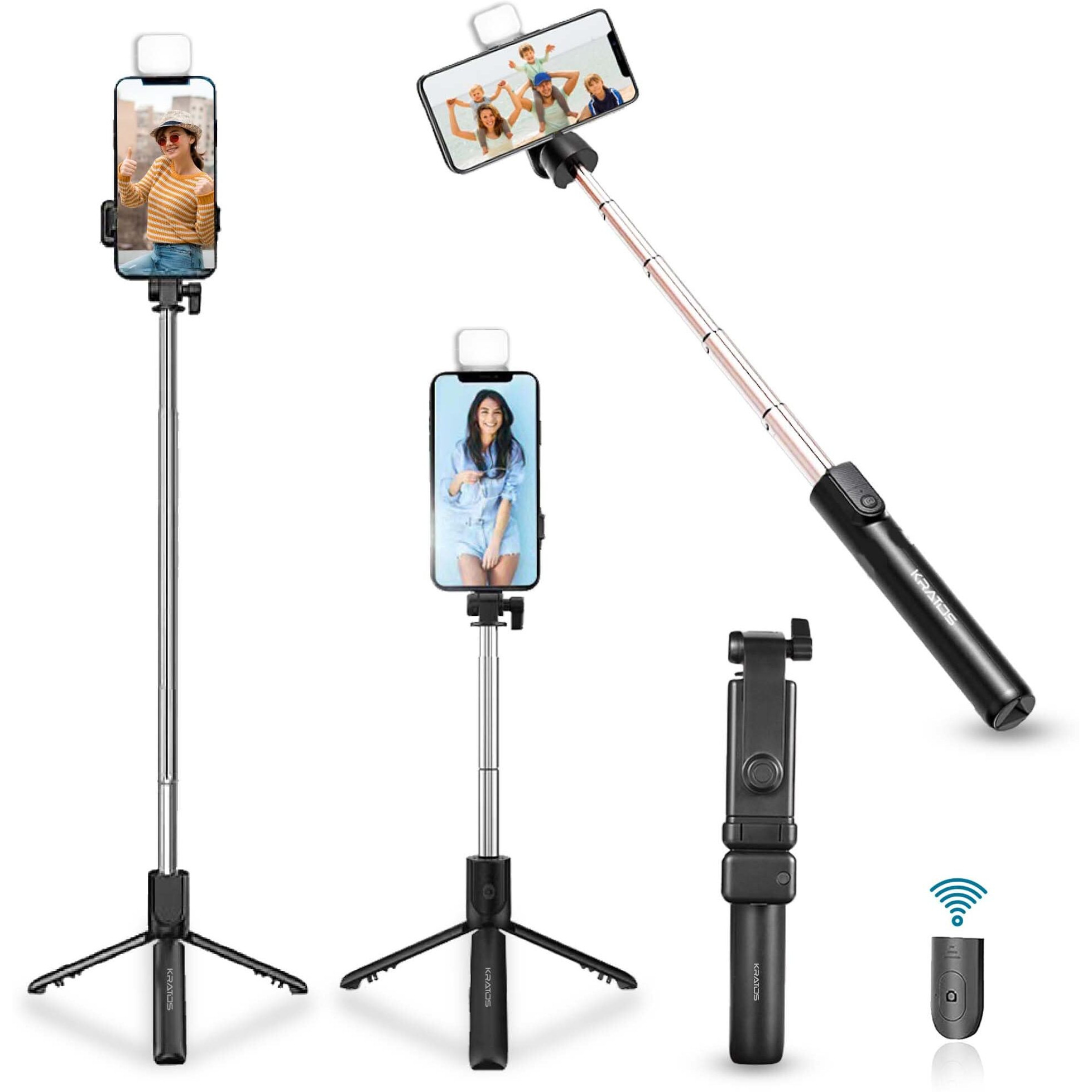 Kratos K2 Selfie Stick with Tripod Stand, 3 in 1 Multifunctional design, Rechargable LED Light with Two Brighness Levels for Make up, Selfie, Vlogging & Photo Shoot, Selfie stick with Bluetooth Remote