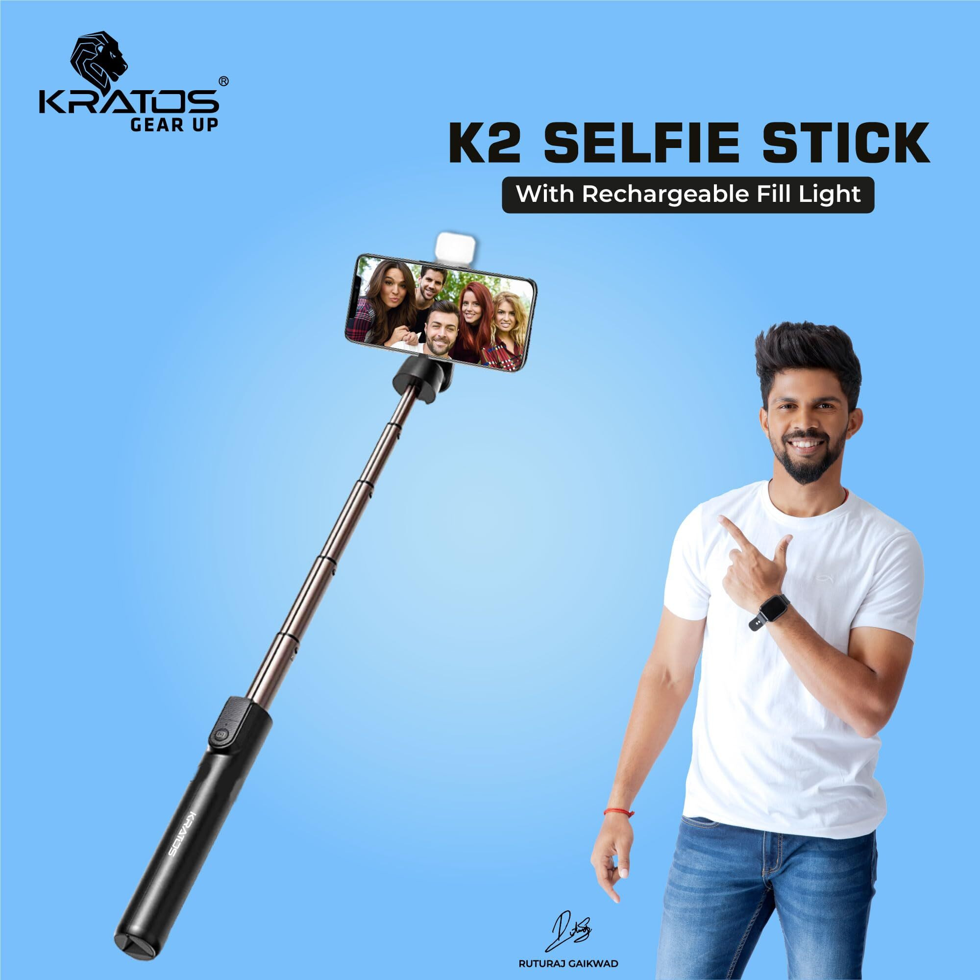 Kratos K2 Selfie Stick with Tripod Stand, 3 in 1 Multifunctional design, Rechargable LED Light with Two Brighness Levels for Make up, Selfie, Vlogging & Photo Shoot, Selfie stick with Bluetooth Remote