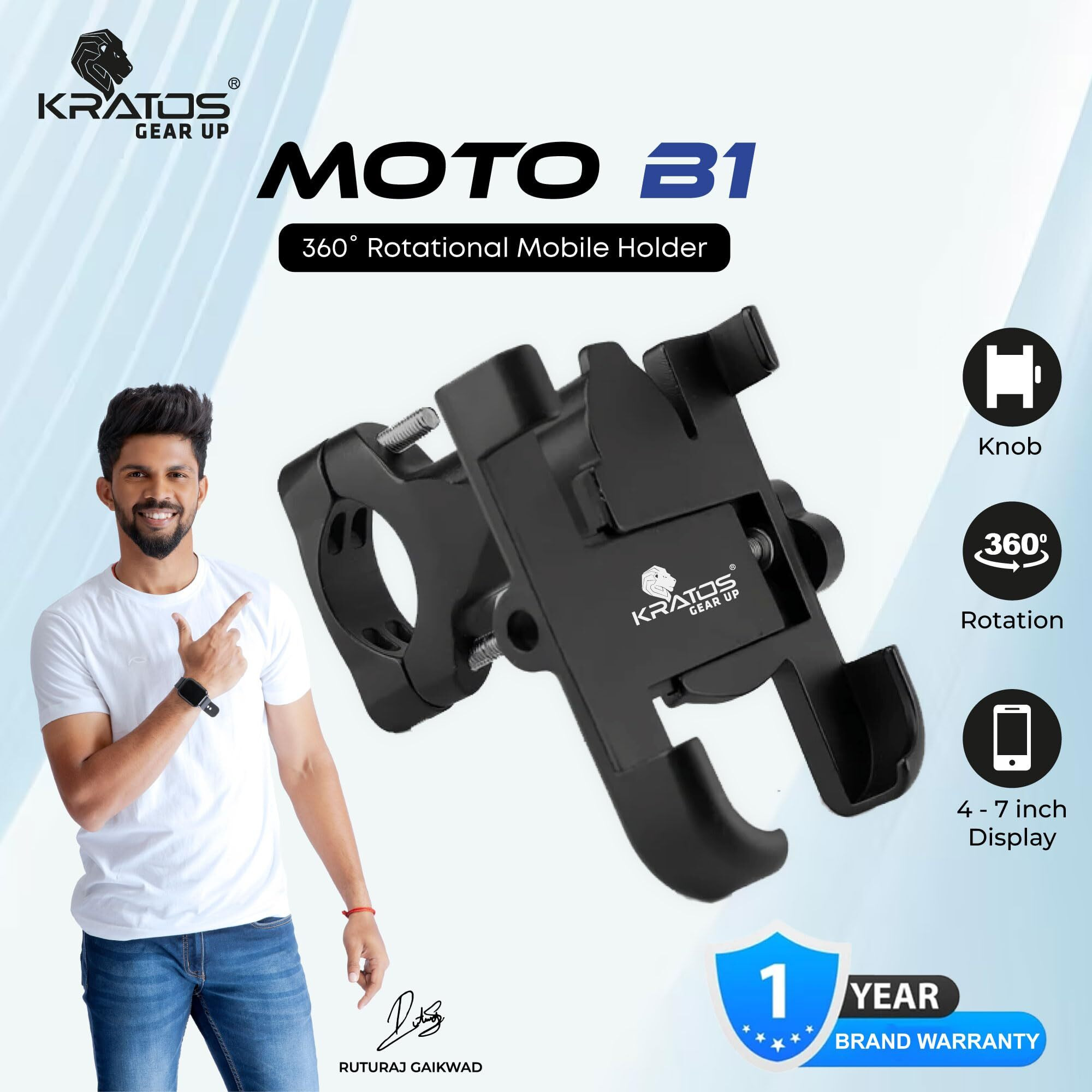 Kratos Moto B1 UltimateGrip Mobile Holder for Bikes, Robust Metal Build, 360 Rotation, Secure Jaw Grip, Anti Shake Bike Mobile Holder, Designed for 4.5" to 7" Smartphones for Maps and Navigation