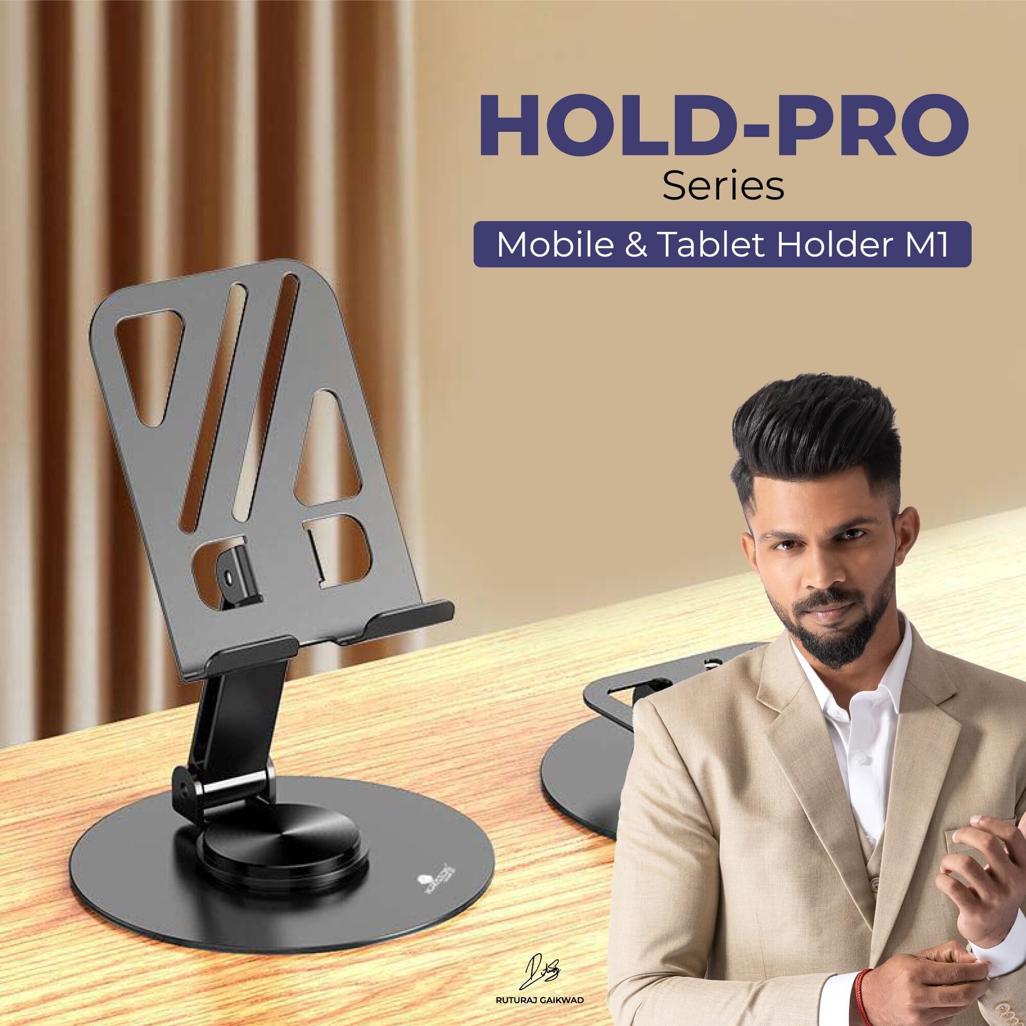 Kratos M1 Mobile Stand & Tablet Stand, Aluminium Foldable & 360 Rotatable Mobile Stand for Table, Multiple Height & Angle Adjustments, Stable Metalic Round Base Weight of Any Phone or Tablet