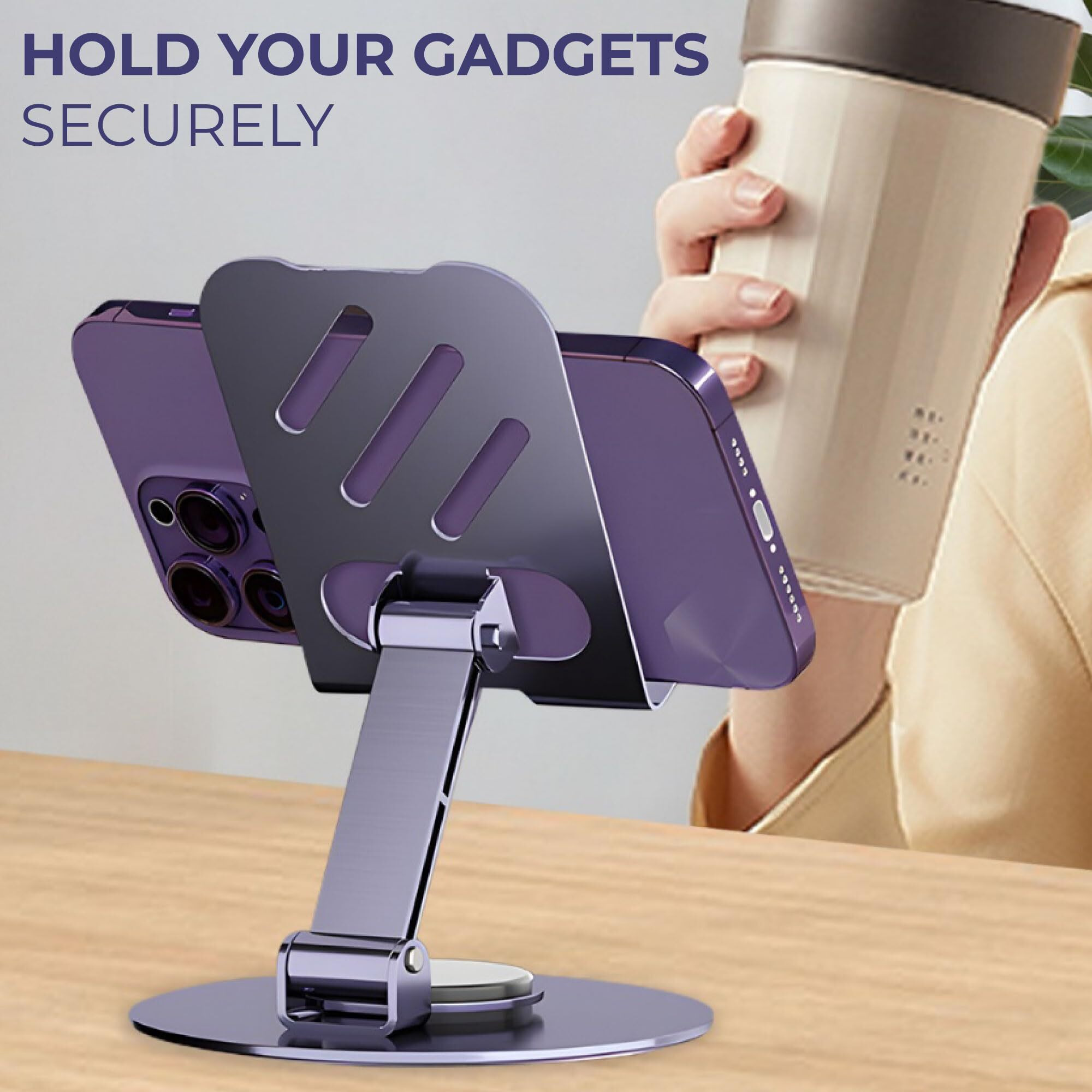 Kratos M1 Mobile Stand & Tablet Stand, Aluminium Foldable & 360 Rotatable Mobile Stand for Table, Multiple Height & Angle Adjustments, Stable Metalic Round Base Weight of Any Phone or Tablet