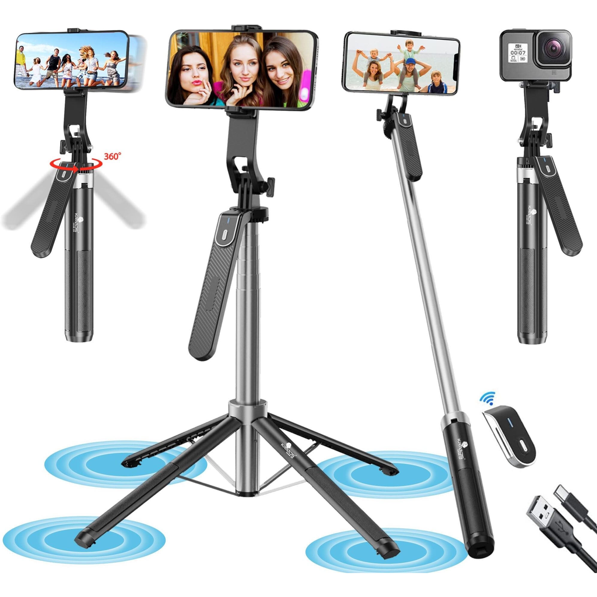 Kratos K5 Selfie Stick with Balance Handle & Recharable BT Remote, Stable 4 Leg Design, Selfie Stick with Tripod Stand for 360 Panoramic Shoot, 62" Long, Made for Phones, Ring Light, Gopro, Camera