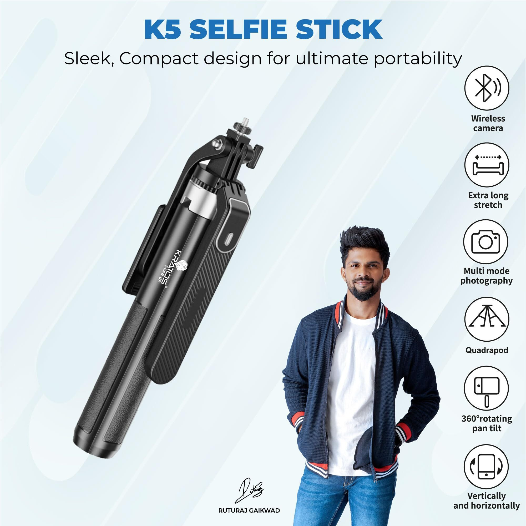Kratos K5 Selfie Stick with Balance Handle & Recharable BT Remote, Stable 4 Leg Design, Selfie Stick with Tripod Stand for 360 Panoramic Shoot, 62" Long, Made for Phones, Ring Light, Gopro, Camera