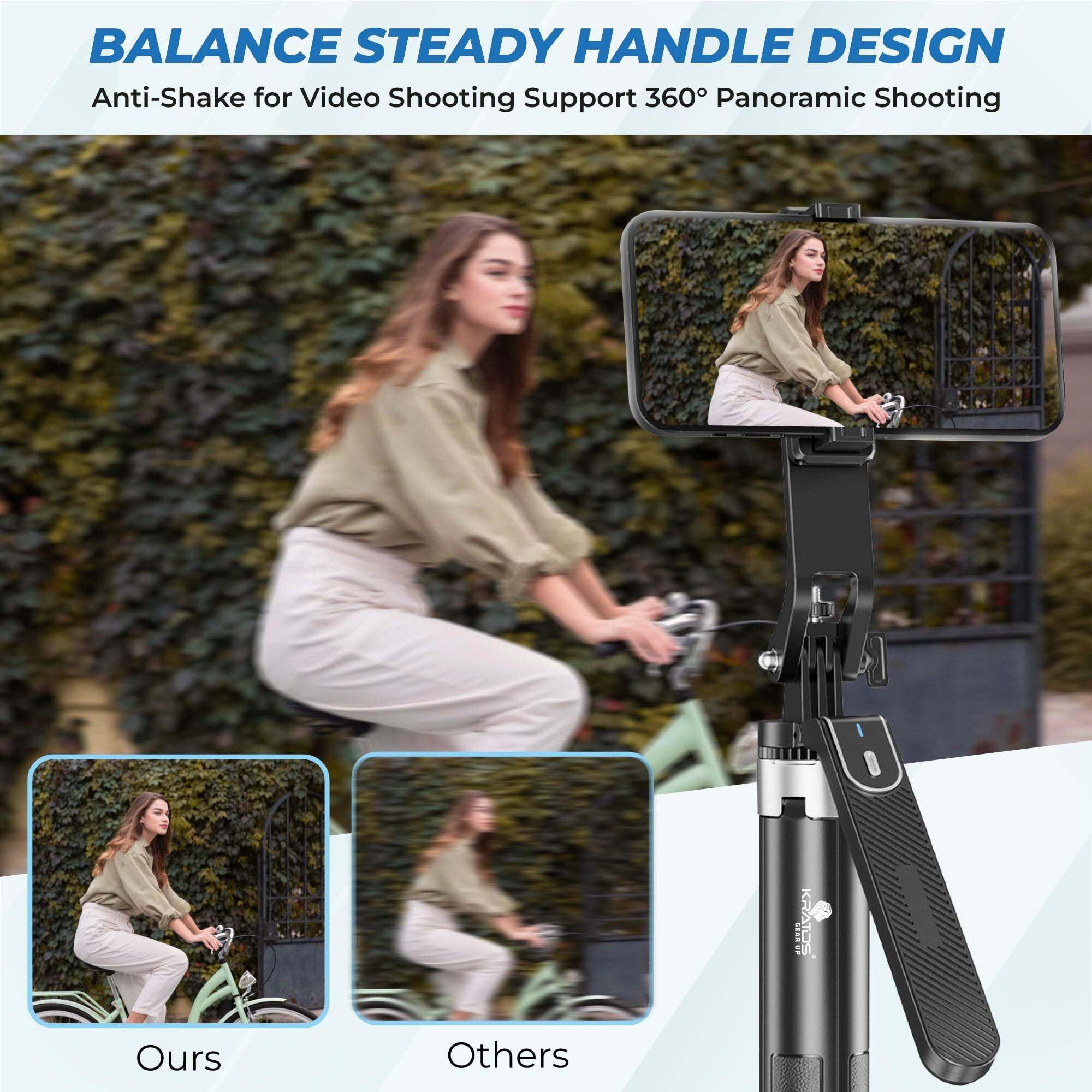 Kratos K5 Selfie Stick with Balance Handle & Recharable BT Remote, Stable 4 Leg Design, Selfie Stick with Tripod Stand for 360 Panoramic Shoot, 62" Long, Made for Phones, Ring Light, Gopro, Camera