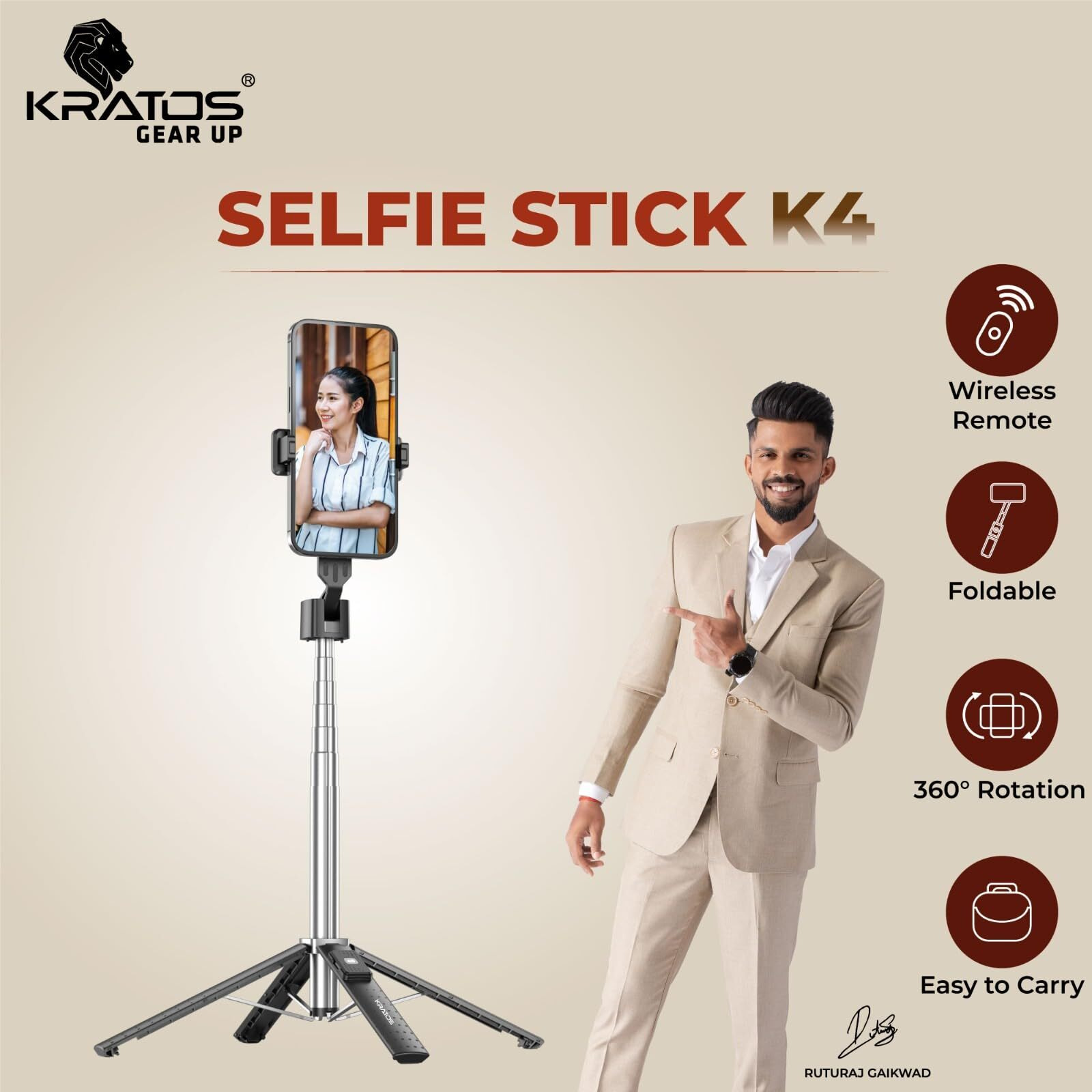 Kratos K4 Selfie Stick with Tripod Stand, Extendable 102 Cms Long Selfie Stick for iPhone, 360 Rotation, 3 in 1 Selfie Stick for Vlogging & Travel, Designed for iPhone, Samsung, and All Smartphones