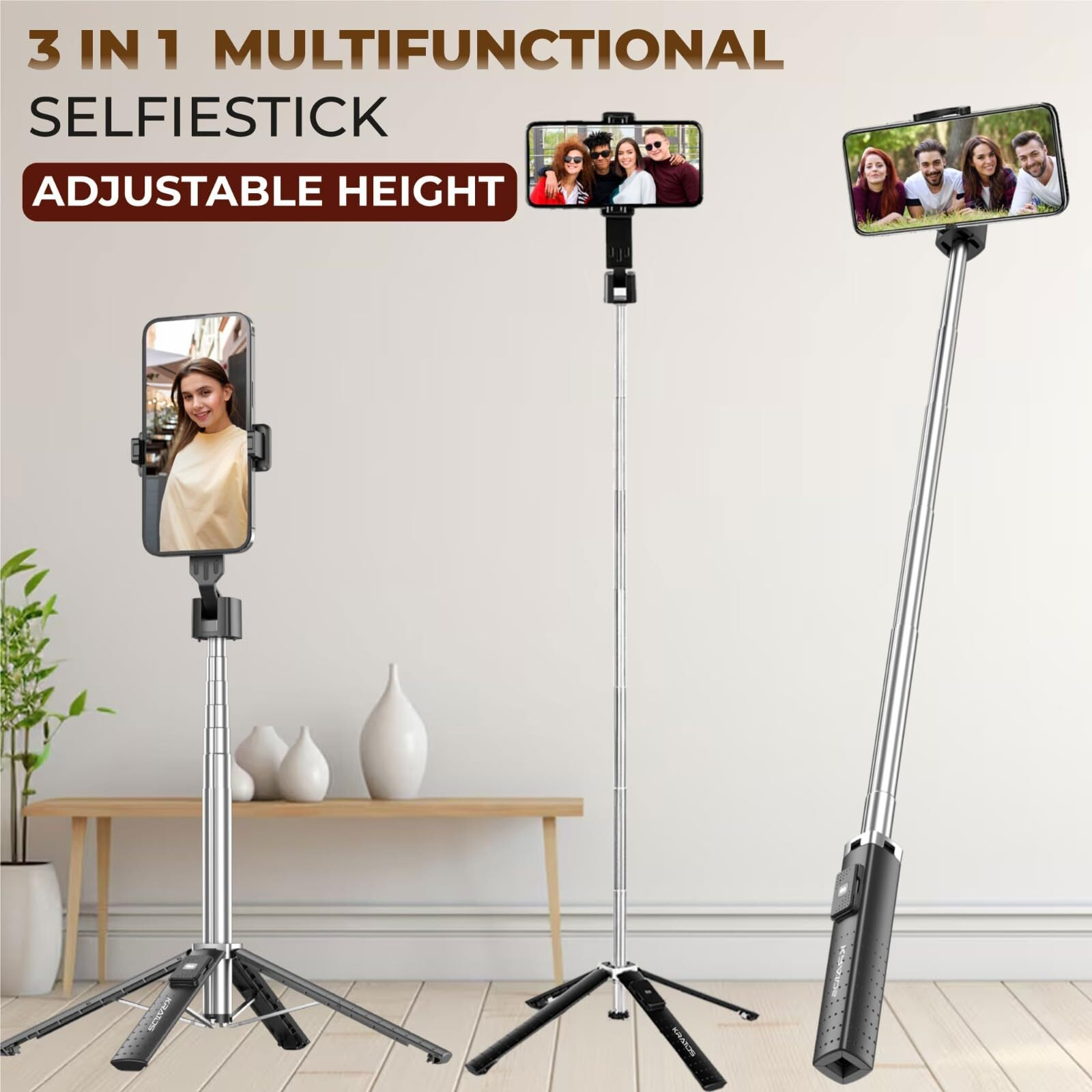Kratos K4 Selfie Stick with Tripod Stand, Extendable 102 Cms Long Selfie Stick for iPhone, 360 Rotation, 3 in 1 Selfie Stick for Vlogging & Travel, Designed for iPhone, Samsung, and All Smartphones