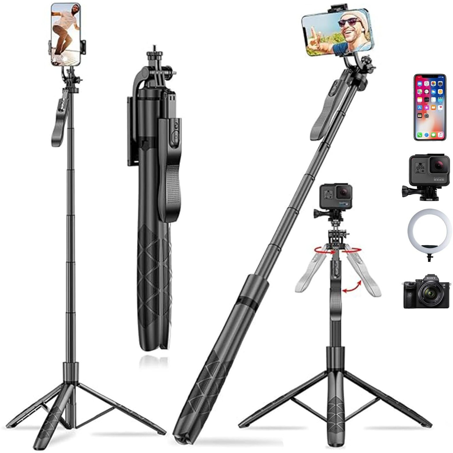 Kratos K6 Upgraded 61 Inch Long Selfie Stick, Balance Handle for Anti Shake Shooting, 6 Section Telescopic design fr Wide-Angle Photography, Selfie Stick with Tripod stand for Gopro,Camera & Ringlight