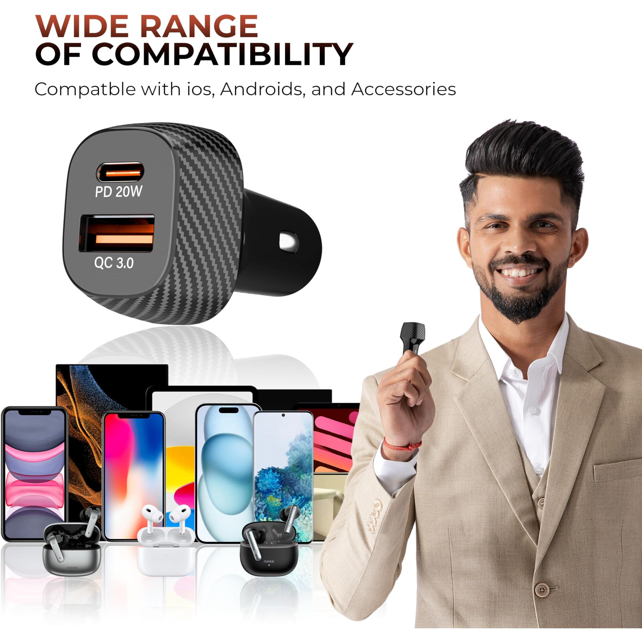 Kratos 51W Car Charger with Dual Output, 51 Watts Total (31W USB + 20W Type C PD), car charger fast charging Compatible for iPhone and all Android Smartphones and Tabletes ( PD 3.0 and QC 3.0 )