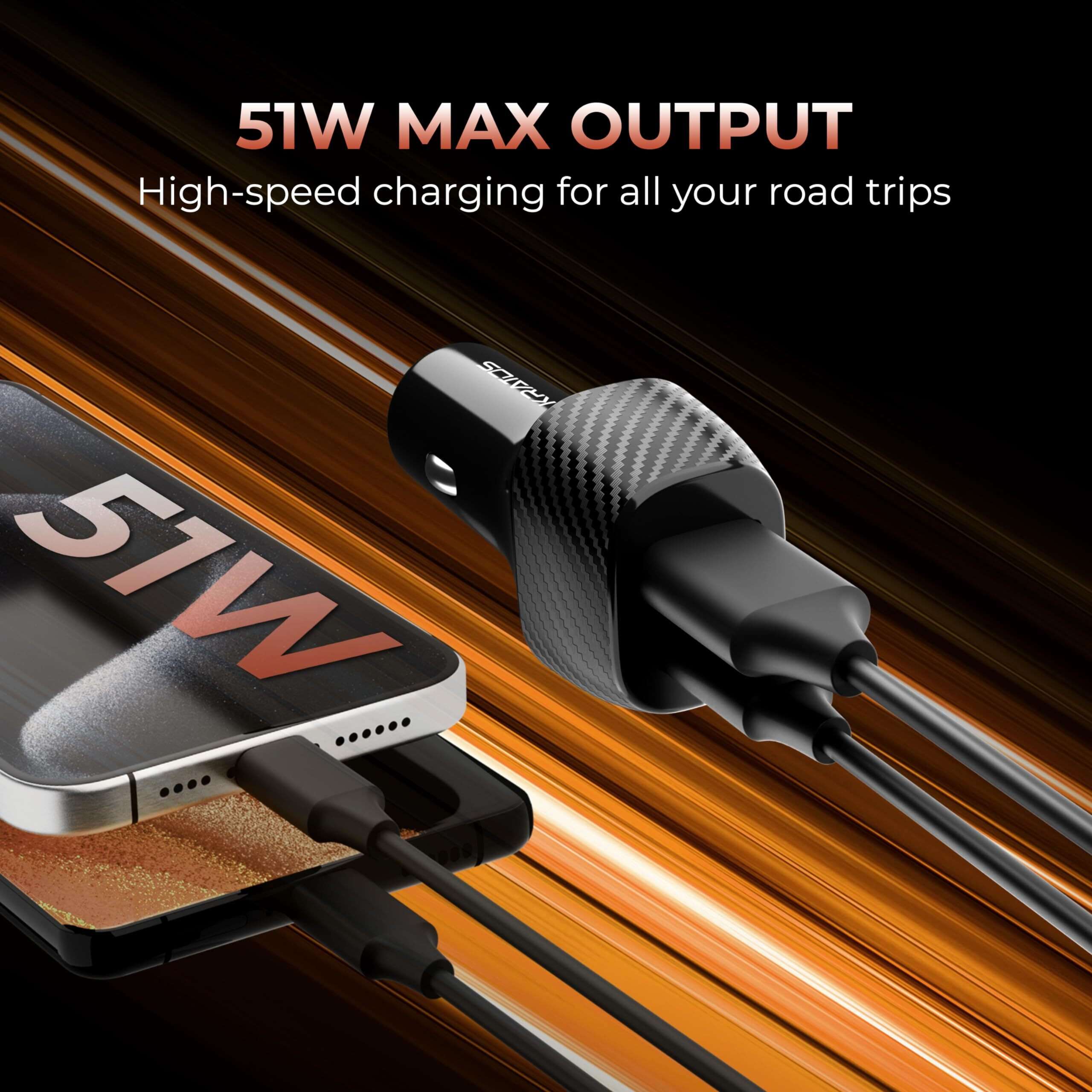 Kratos 51W Car Charger with Dual Output, 51 Watts Total (31W USB + 20W Type C PD), car charger fast charging Compatible for iPhone and all Android Smartphones and Tabletes ( PD 3.0 and QC 3.0 )