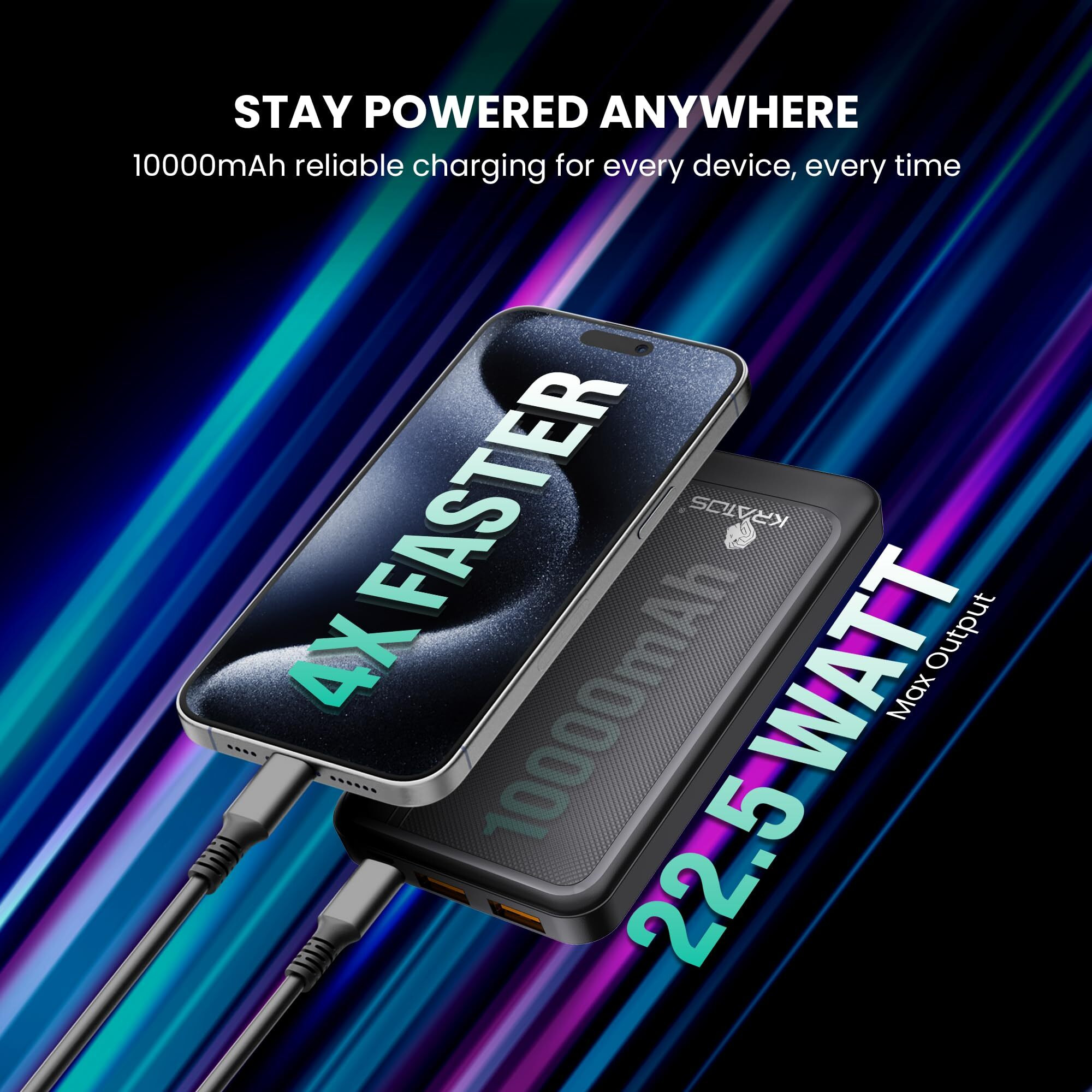 Kratos Legend Core Power Bank 10000mah, 22.5W Fast Charging Power Bank with Type C & Dual USB Output, Ultra Slim Powerbank, Compatible for iPhone,Samsung, Oppo, Vivo, Redmi (USB C & USB A Input)
