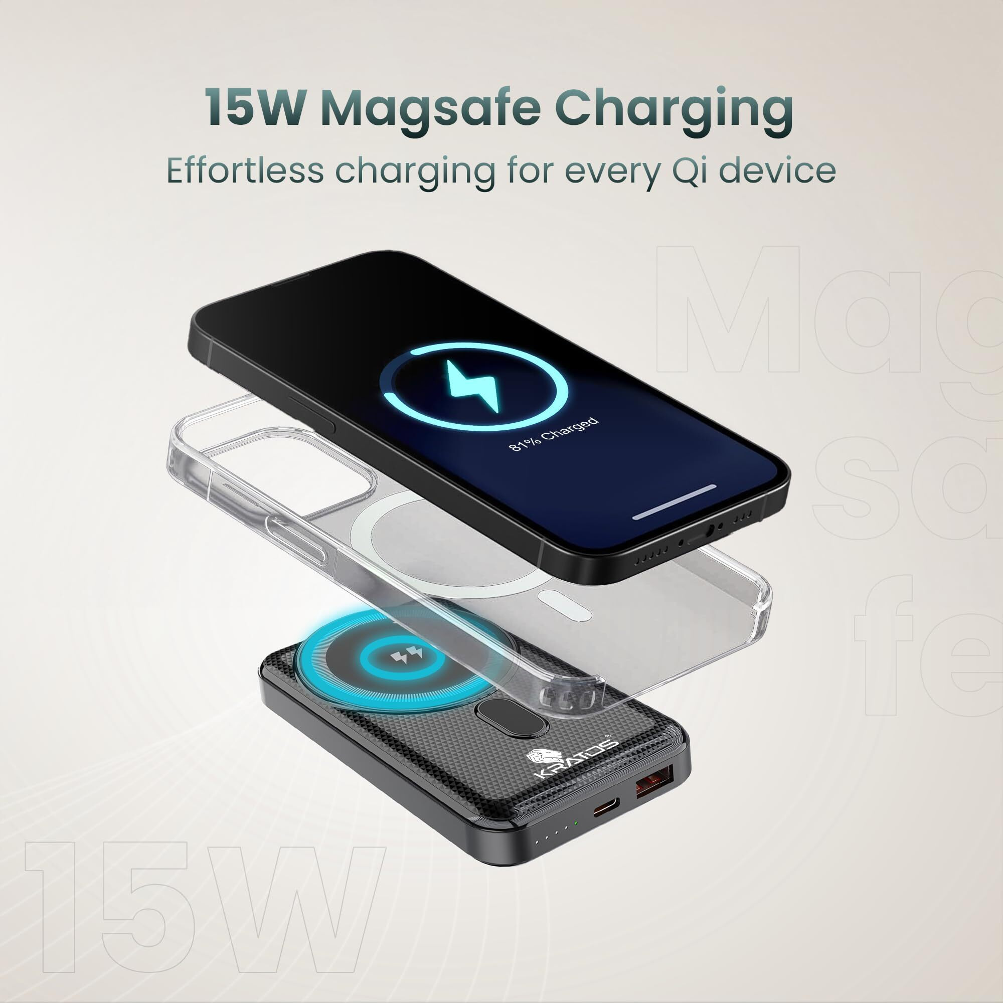 Kratos Legend Prime Mini Wireless Powerbank 10000mAh 15W Magnetic Wireless Fast Charging Smallest Power Bank with 22.5 Wired Output Compatible with iPhone 12 & Above & Other QI Enabled Devices(Black)