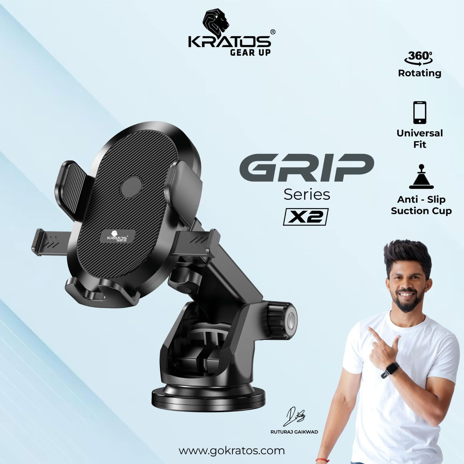 Kratos Grip X2 Car Mobile Holder with One Click Technology and Quick Release Button,360 Rotation,Strong Suction Cup for Windshield & Dashboard Mobile Holder for car Compatible with All Smartphones