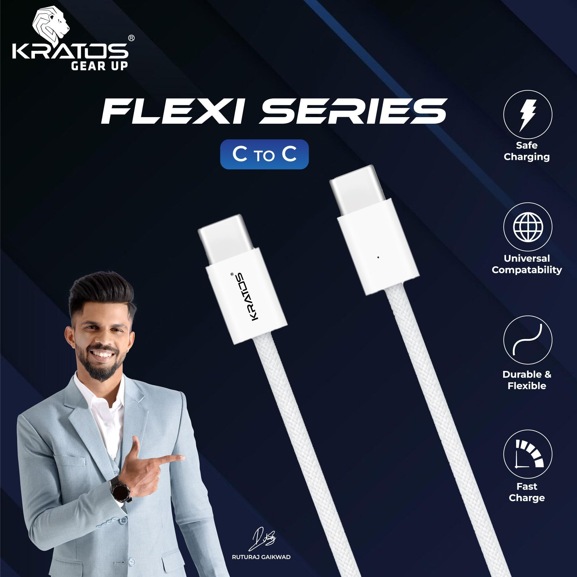 Kratos Type C to Type C Fast Charging Cable 1M Unbreakable Nylon Braided C to C cable fast charging compatible with Samsung Galaxy Series, Realme, Redmi, Vivo,Oppo & type c devices, 480Mbps Data Sync