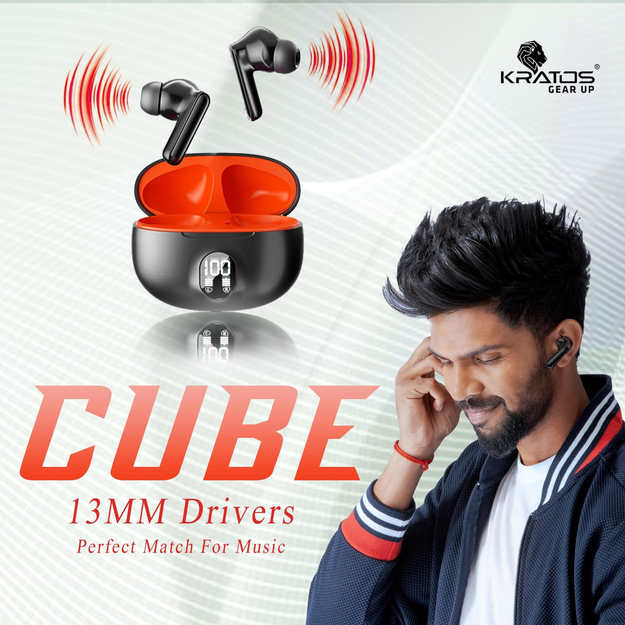 Kratos Cube Earbuds with Large Playtime, Noise Isolation & Clear Calls, Bluetooth Earbuds with Voice Assistant, Ear Buds with Bluetooth V 5.3 & with Type-C Fast Charging, IPX4 Truly Wireless Ear Buds