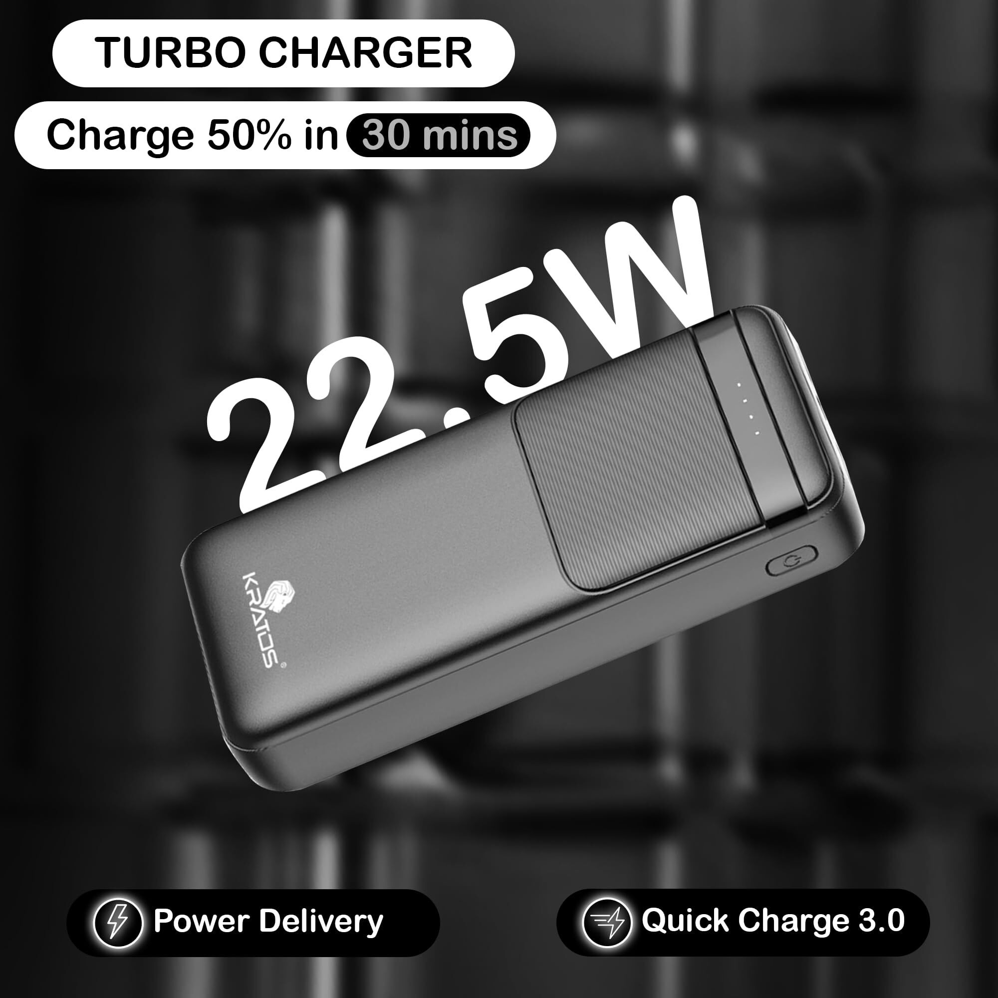 Kratos Legend Champ Power Bank 20000 mah Fast Charging, 22.5W Quick Charge, Dual USB & Type C Output Power Delivery,LED Indicators, BIS Certified Power Bank for iPhone, Android Smartphones & Tablets