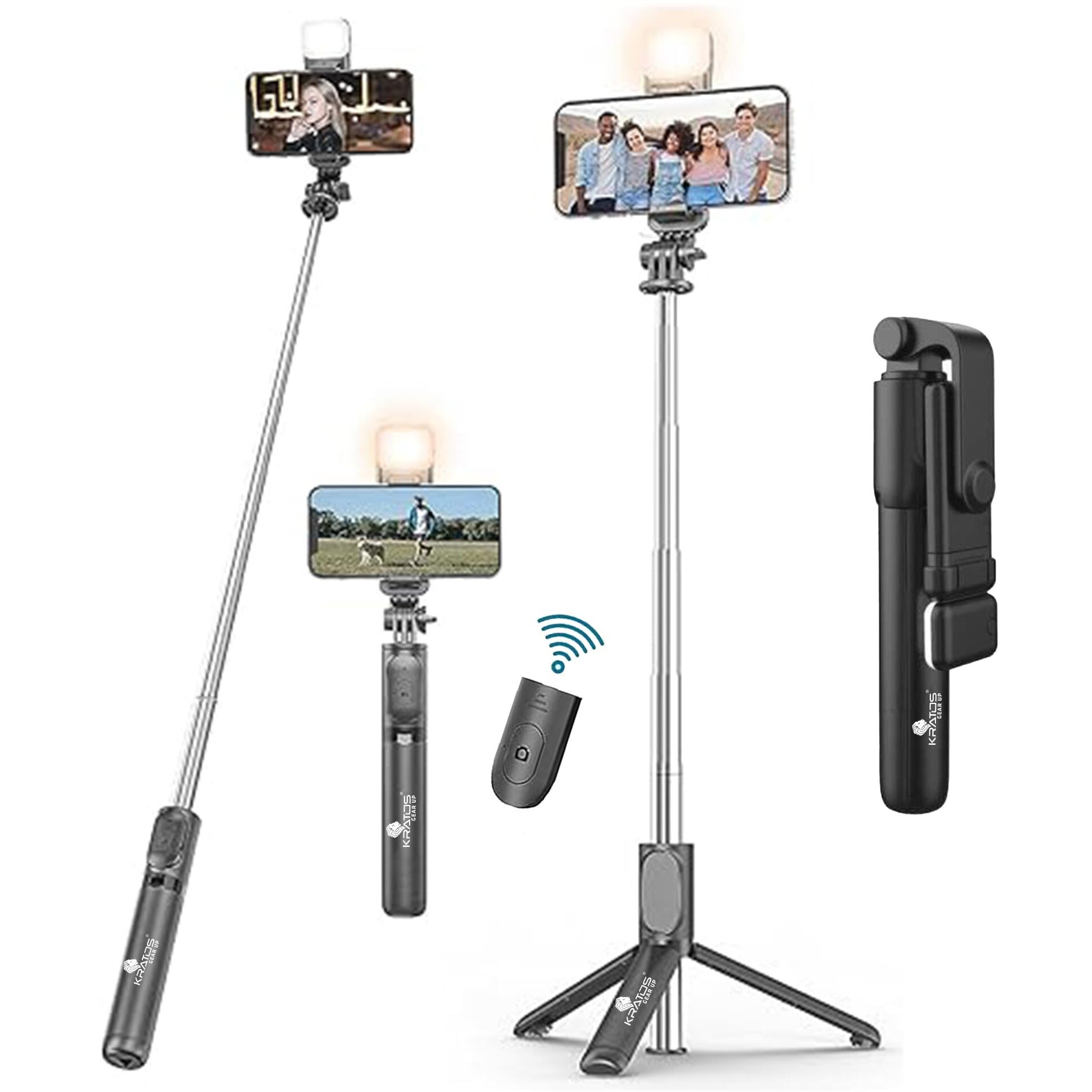 Kratos K2-v2 Selfie Stick with Tripod Stand, 3 in 1 Multifunctional Design, Rechargable LED Light with Two Brighness Levels, Selfie, Vlogging & Photo Shoot, Selfie Stick with Bluetooth Remote