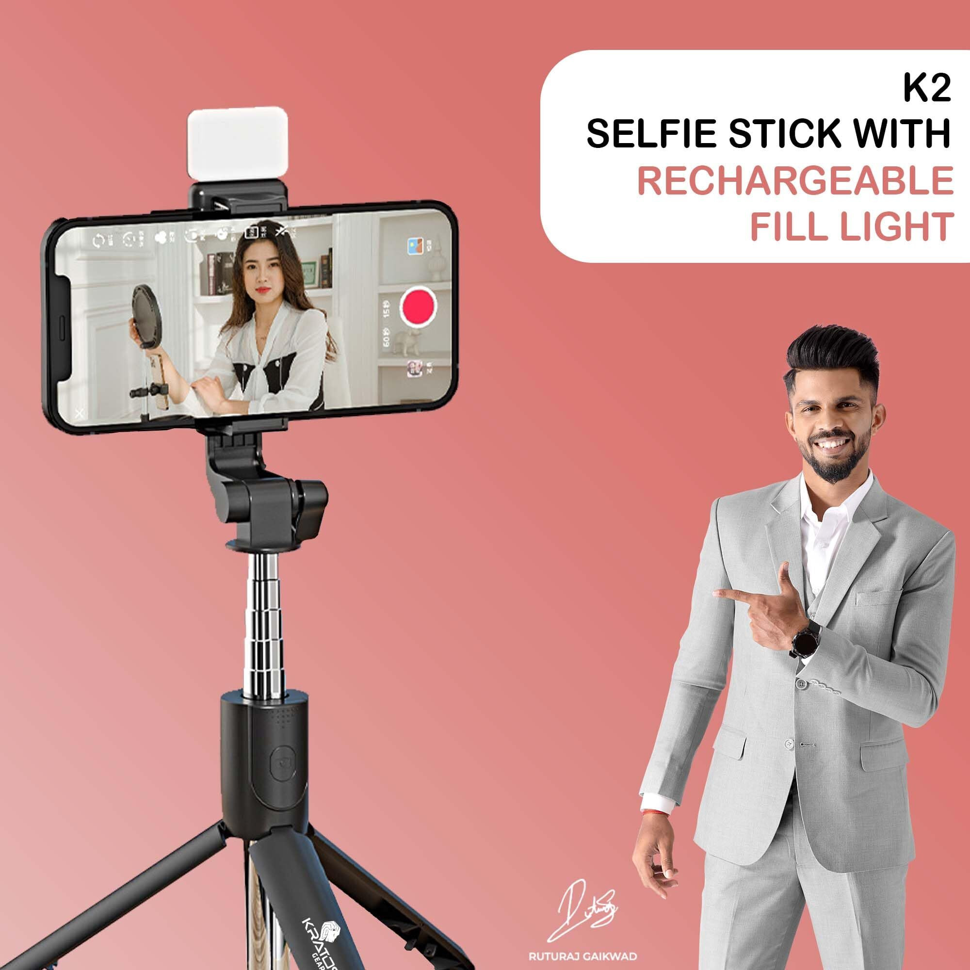 Kratos K2-v2 Selfie Stick with Tripod Stand, 3 in 1 Multifunctional Design, Rechargable LED Light with Two Brighness Levels, Selfie, Vlogging & Photo Shoot, Selfie Stick with Bluetooth Remote