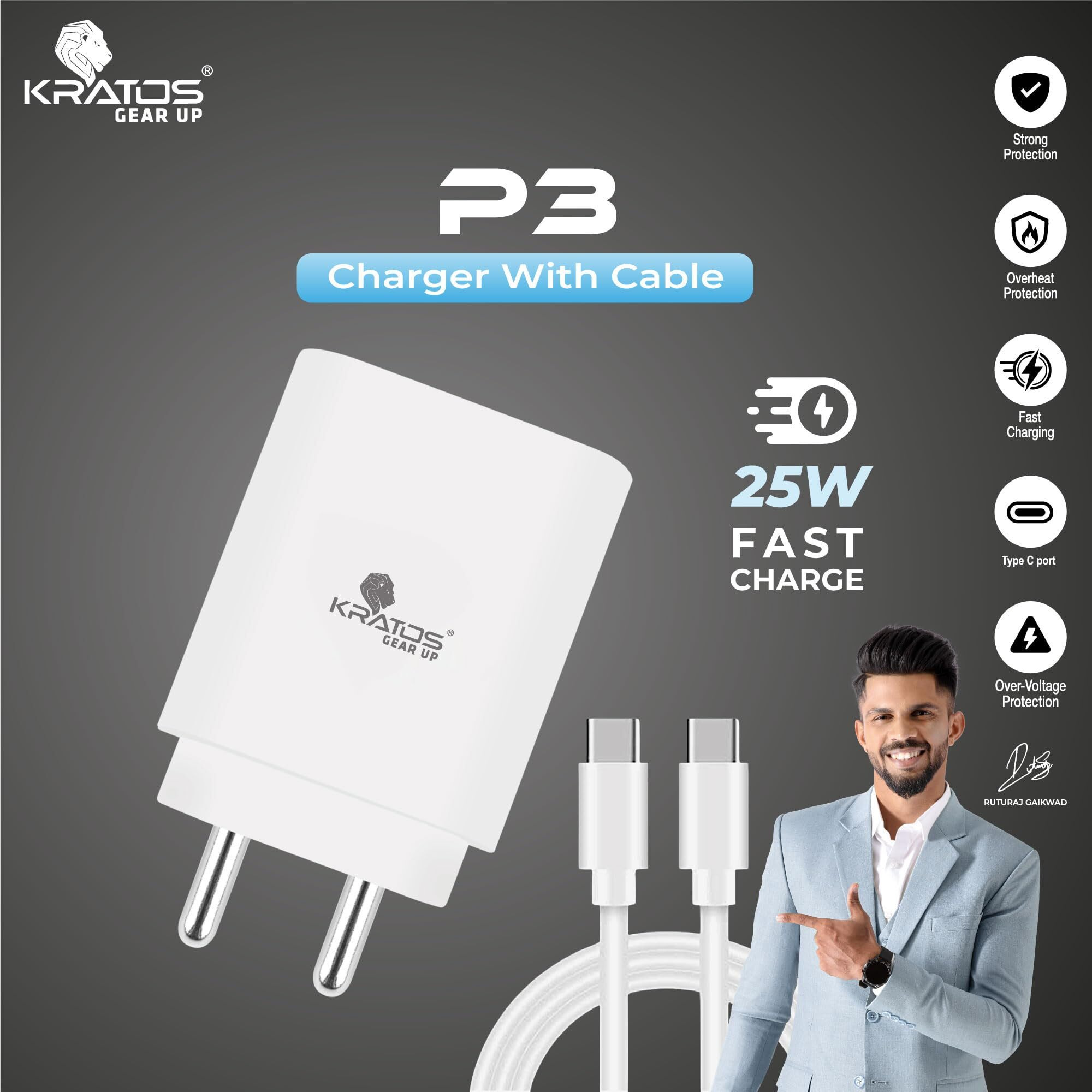 Kratos 25W Charger Adapter with Type C to C Cable, Fast Charger Compatible with Samsung Galaxy A15/M35/A35/A55/M05/M15/F15/M55| M34/M14/F34/F14/F54/A14/S24/S23/S21 Fe/S23/ Fold/Flip/6/5/4/3/Tab, White