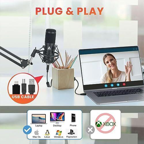 Audio Array AM-C1 USB Condenser Microphone Kit | 192kHz/24bit | BoomArm, Pop Filter, Mic Cover, Shock Mount, Tripod & 2.5M USB Cable | Podcasting, Gaming, Singing & Live Streaming
