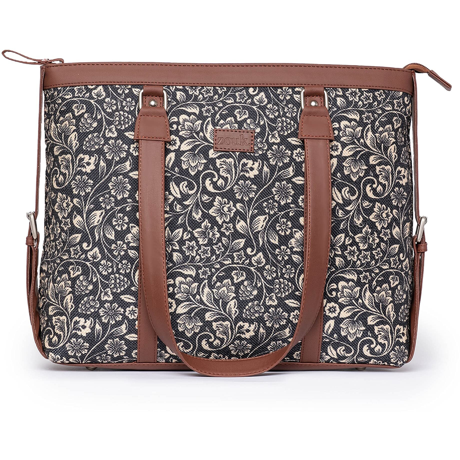 ZOUK Black Floral Printed Handmade Vegan Leather Women's Office Bag for 15.6 inch Laptop with double handles - FloMotif