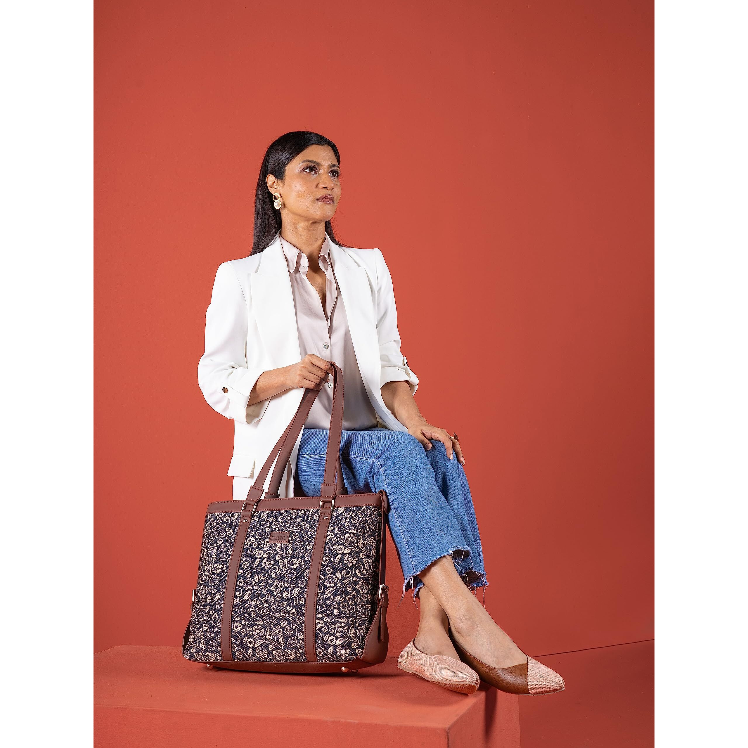 ZOUK Black Floral Printed Handmade Vegan Leather Women's Office Bag for 15.6 inch Laptop with double handles - FloMotif