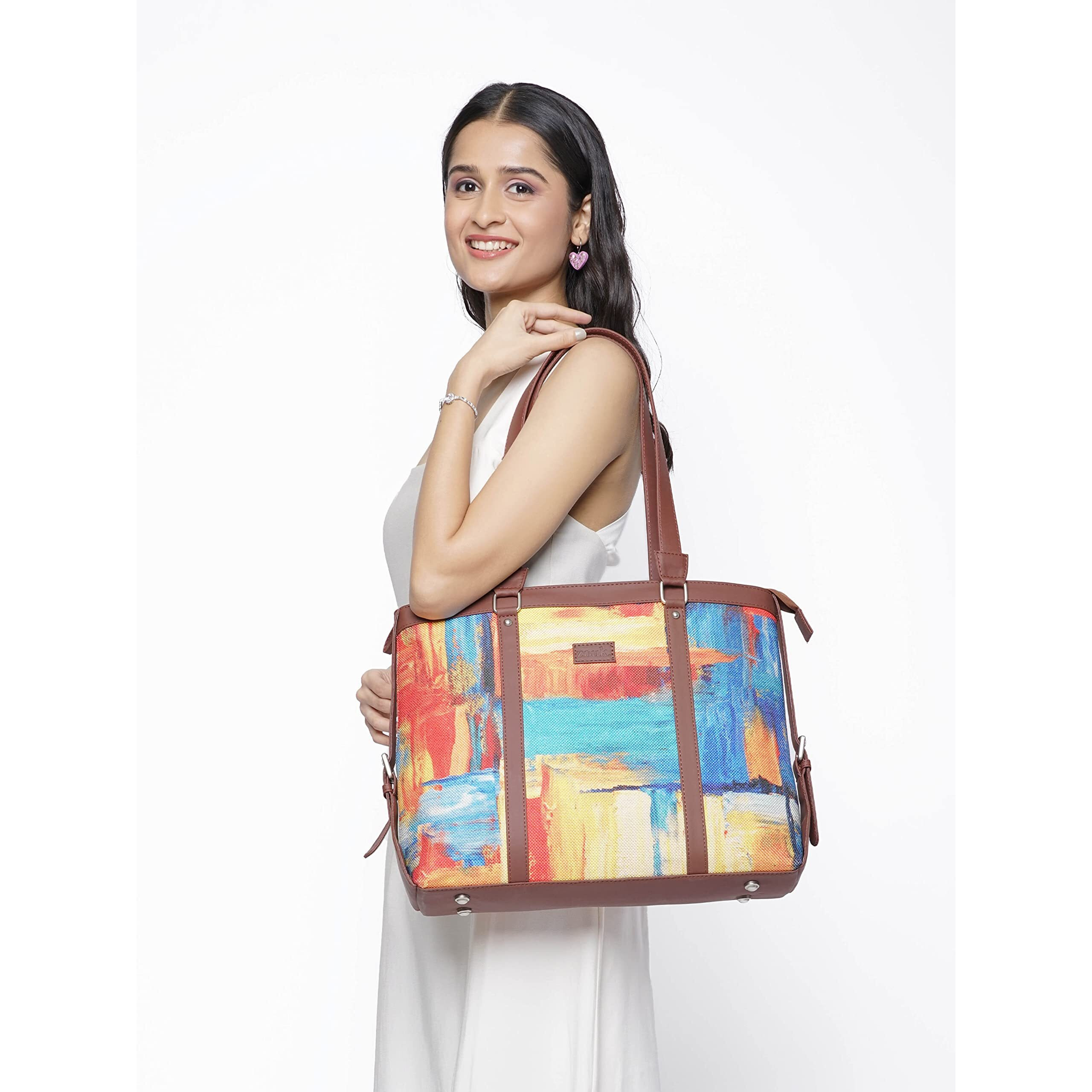 ZOUK Multicolor Abstract Printed Handmade Vegan Leather Women's Office Bag for 15.6 inch Laptop with double handles - Abstract Amaze