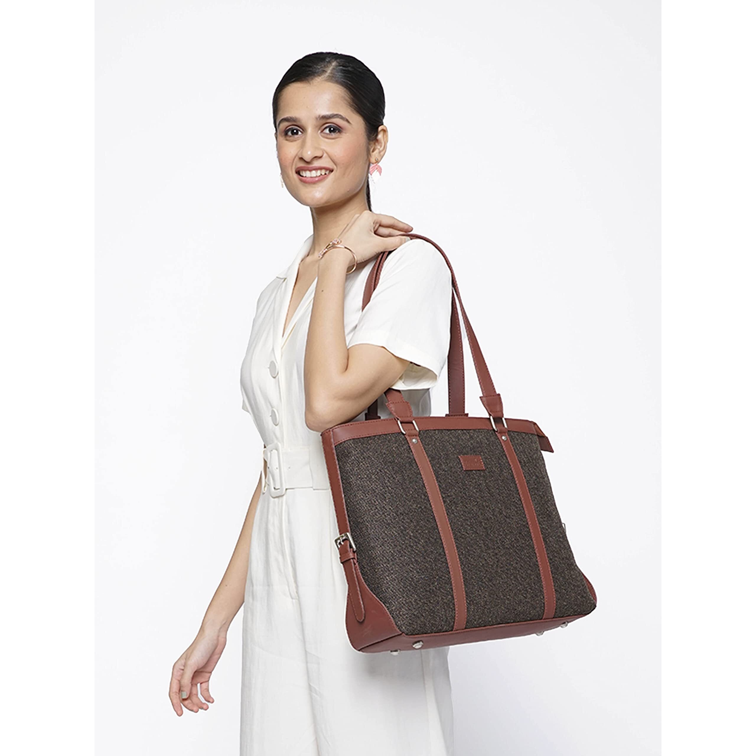 ZOUK Solid Handmade Vegan Leather Women's Office Bag for 15.6 inch Laptop with Double Handles - Bristel