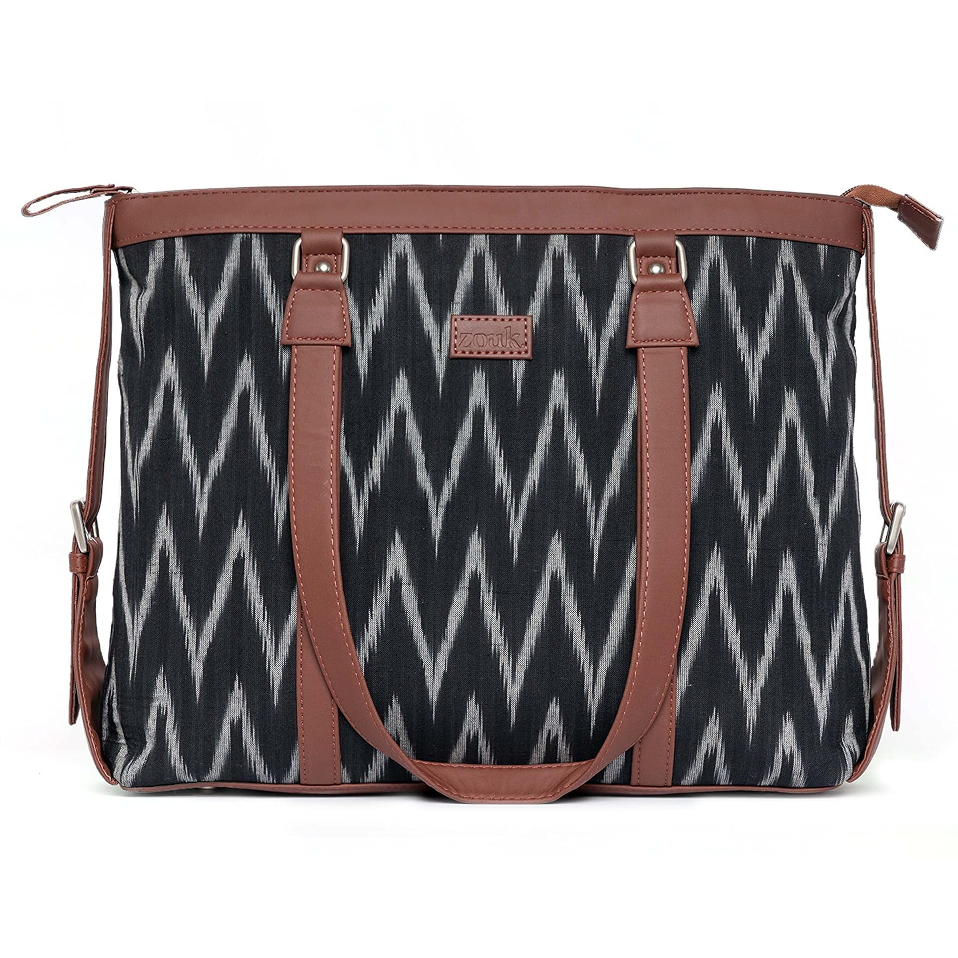 ZOUK Black SelfPrinted Handmade Ikkat and Vegan Leather Women's Office Bag for 15.6 inch Laptop with double handles - Ikat Wave
