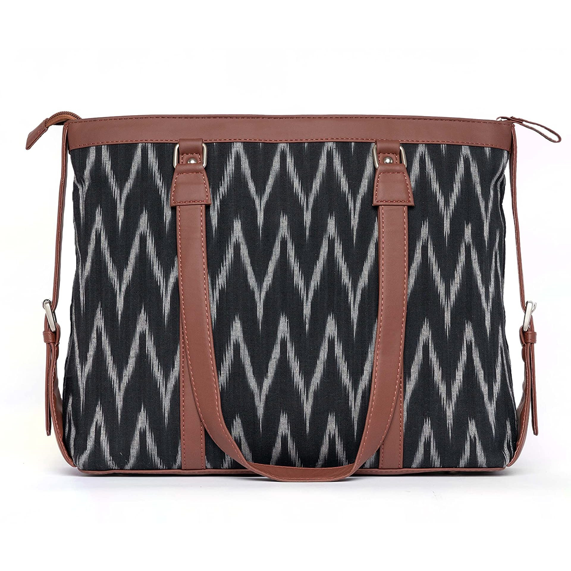 ZOUK Black SelfPrinted Handmade Ikkat and Vegan Leather Women's Office Bag for 15.6 inch Laptop with double handles - Ikat Wave