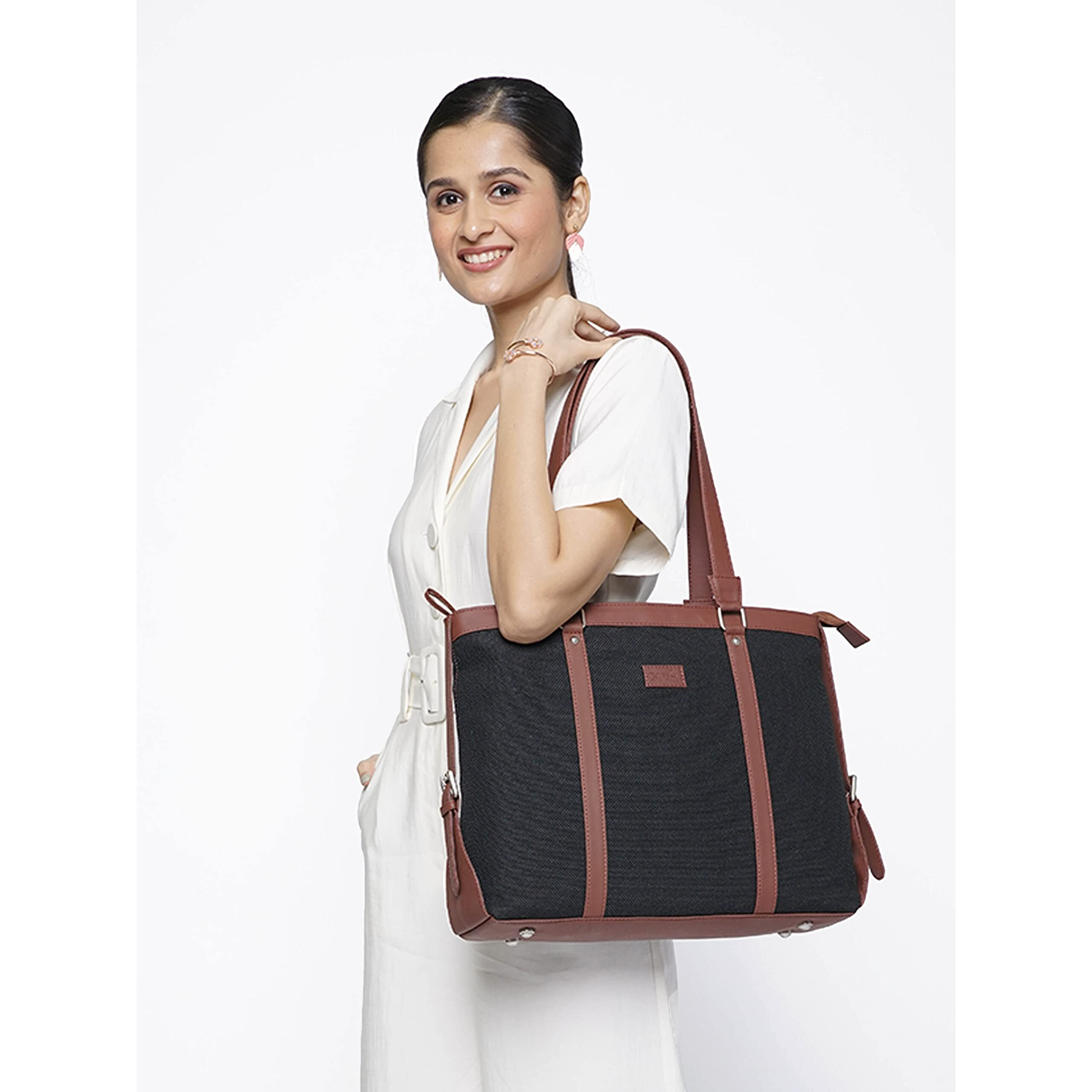 ZOUK Black Solid Handmade Vegan Leather Women's Office Bag for 15.6 inch Laptop - Jet Black