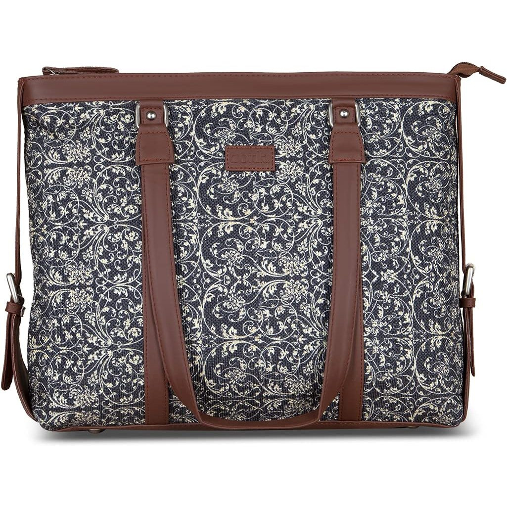 ZOUK Black Printed Handmade Vegan Leather Women's Office Bag for 15.6 inch Laptop with double handles - Lattice Lace