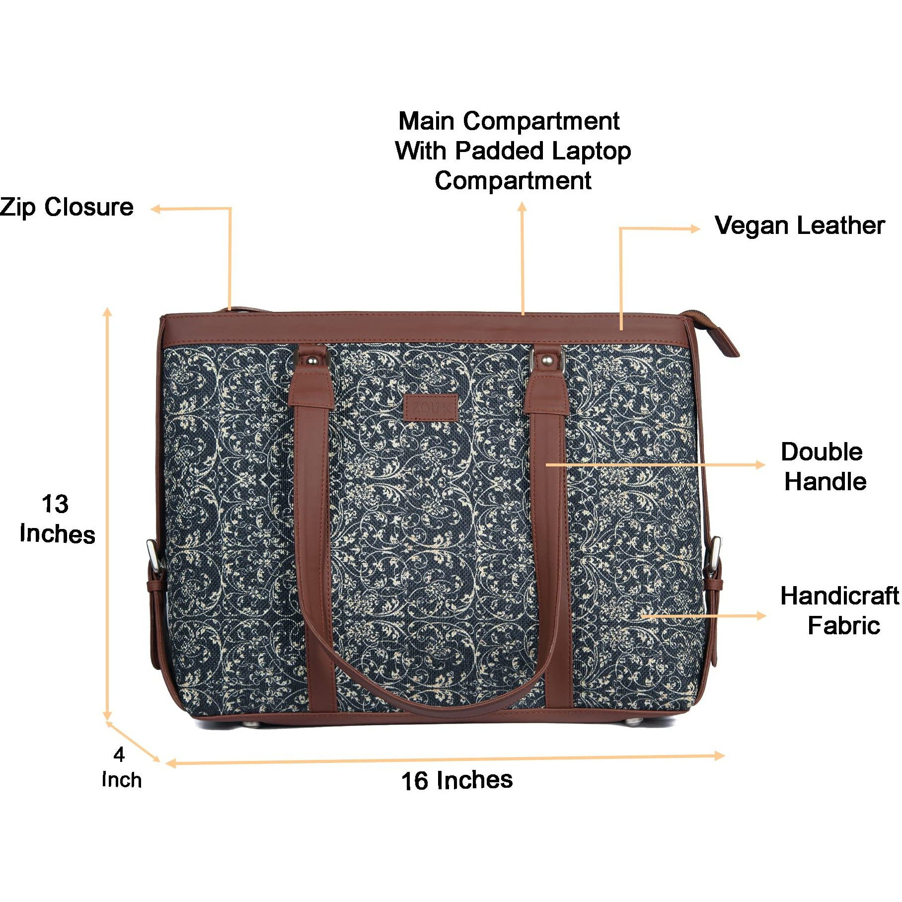 ZOUK Black Printed Handmade Vegan Leather Women's Office Bag for 15.6 inch Laptop with double handles - Lattice Lace