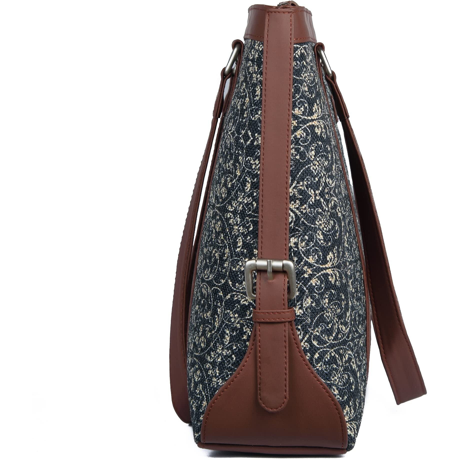 ZOUK Black Printed Handmade Vegan Leather Women's Office Bag for 15.6 inch Laptop with double handles - Lattice Lace