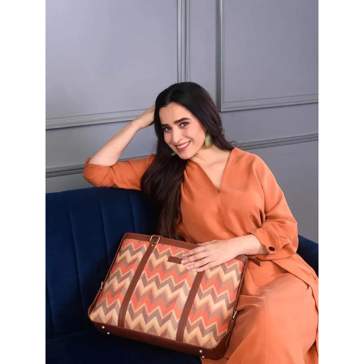 ZOUK Orange Wave Printed Handmade Vegan Leather Women's Office Bag for 15.6 inch Laptop with double handles - Tidalwave