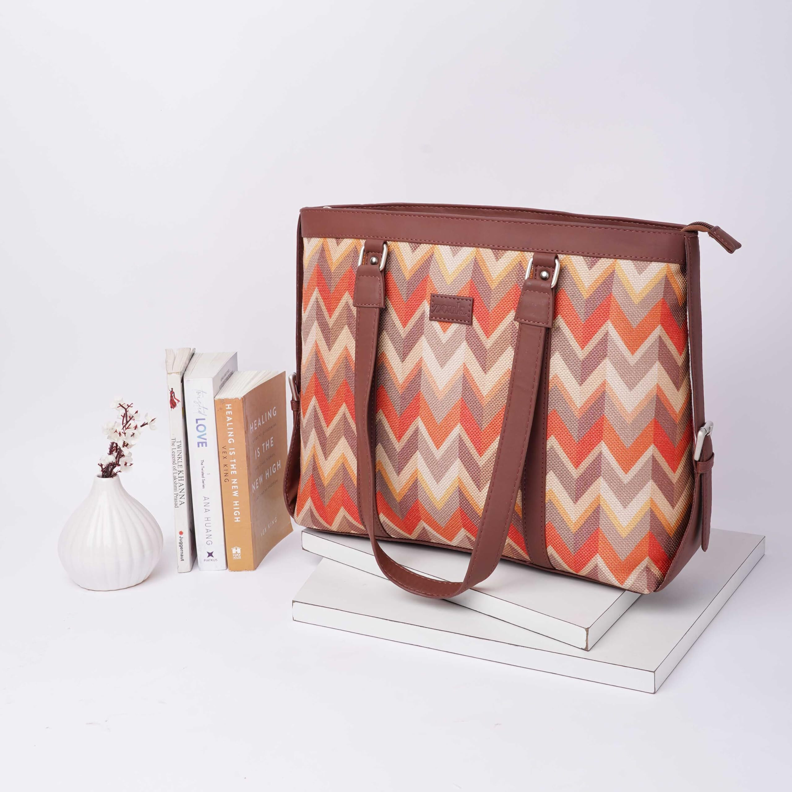 ZOUK Orange Wave Printed Handmade Vegan Leather Women's Office Bag for 15.6 inch Laptop with double handles - Tidalwave