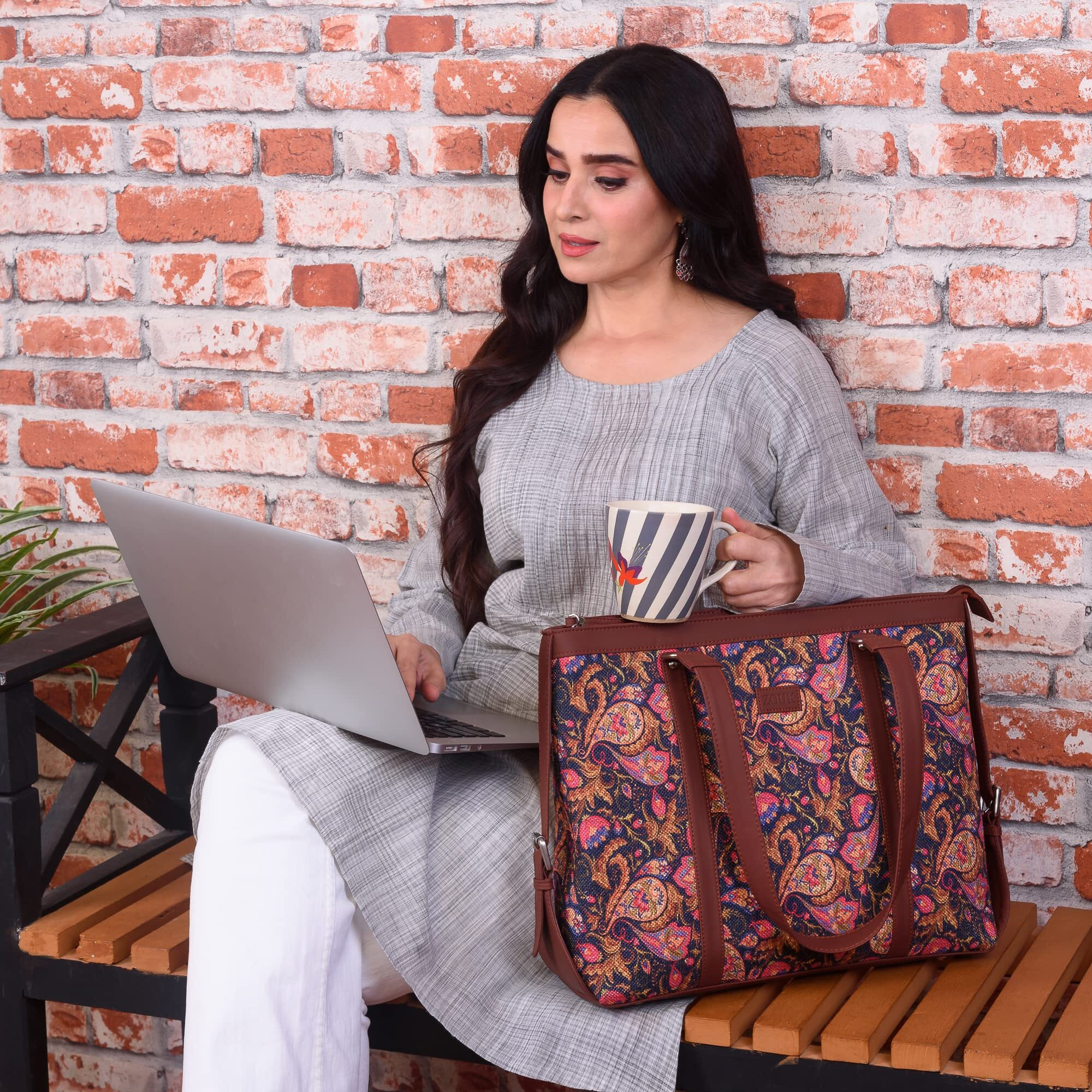 ZOUK Multicolor Graphic Printed Handmade Vegan Leather Women's Office Bag for 15.6 inch Laptop with double handles - Paisley