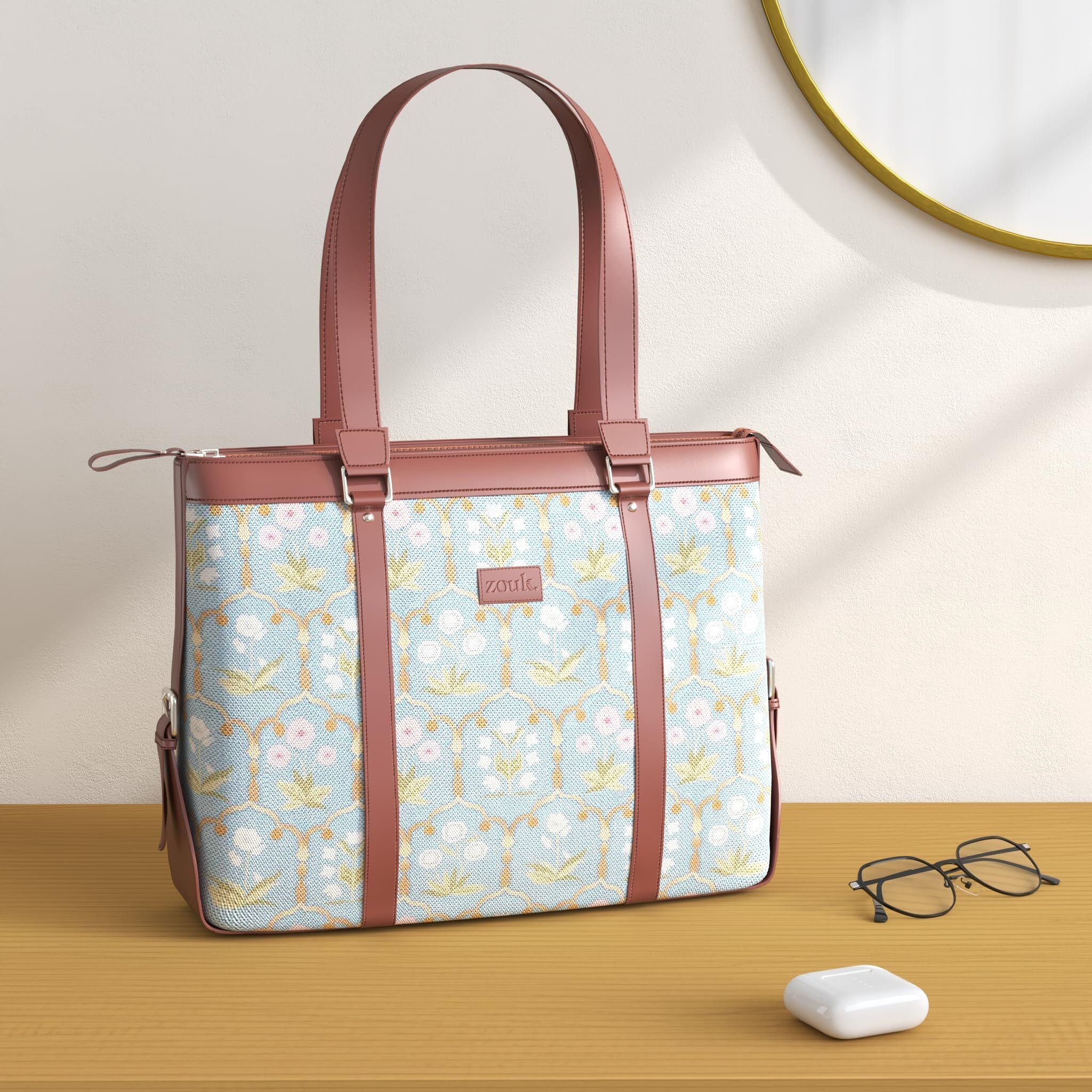 ZOUK Jaipur Fresco Printed Handmade Vegan Leather Women's Office Bag for 15.6 inch Laptop with Double Handles