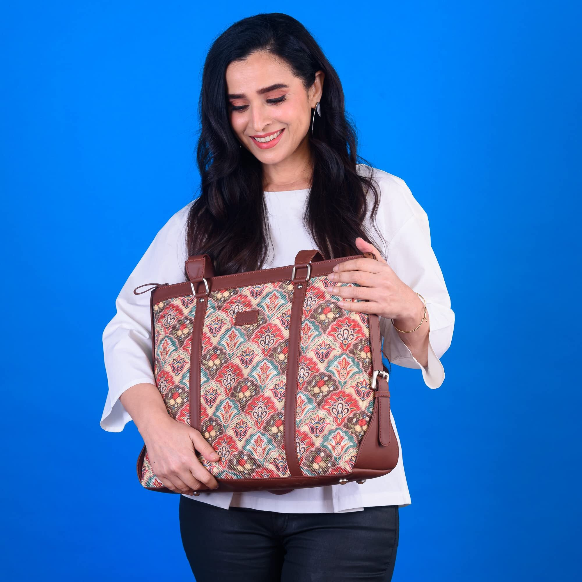 ZOUK Mughal Art Printed Handmade Vegan Leather Women's Office Bag for 15.6 inch Laptop with Double Handles