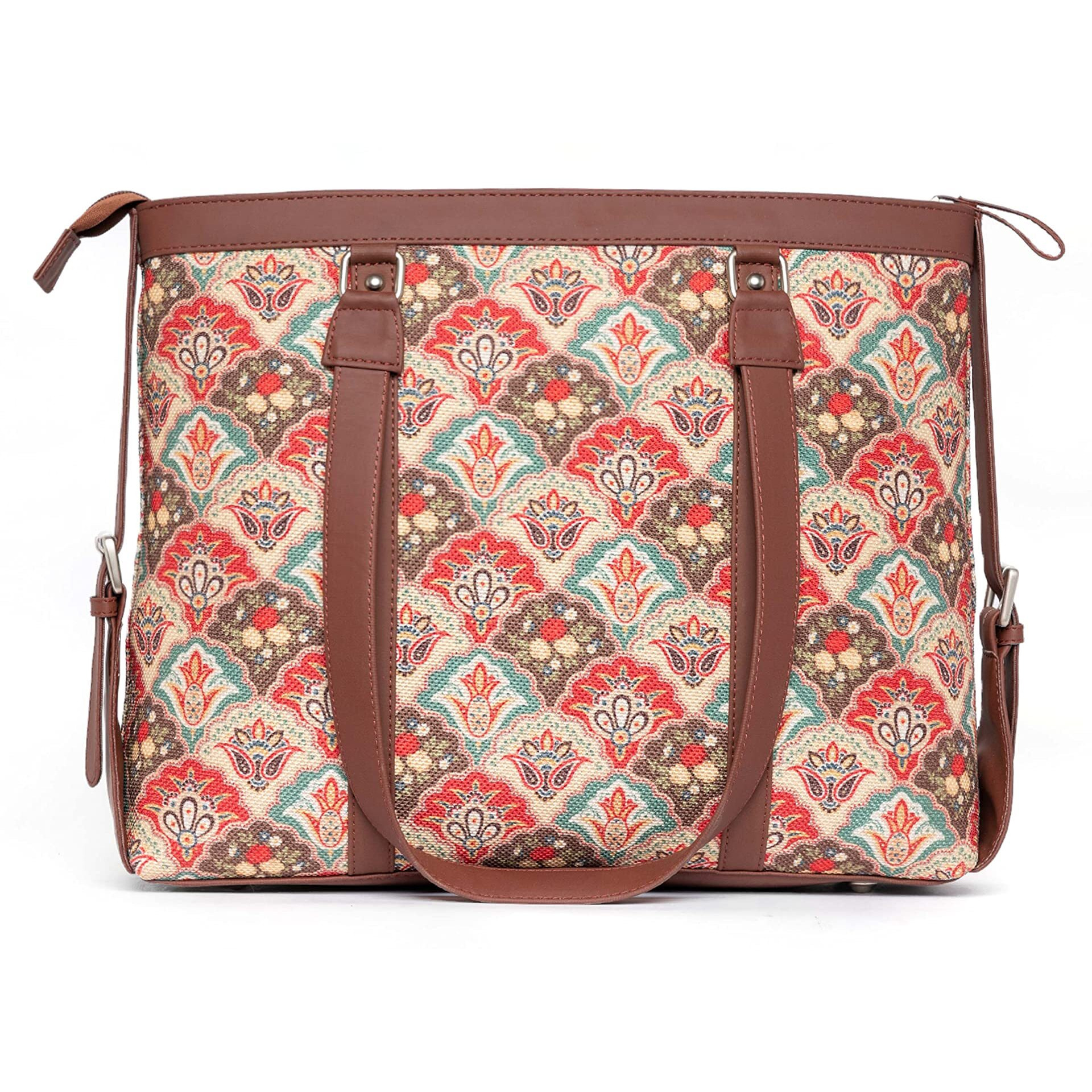 ZOUK Mughal Art Printed Handmade Vegan Leather Women's Office Bag for 15.6 inch Laptop with Double Handles