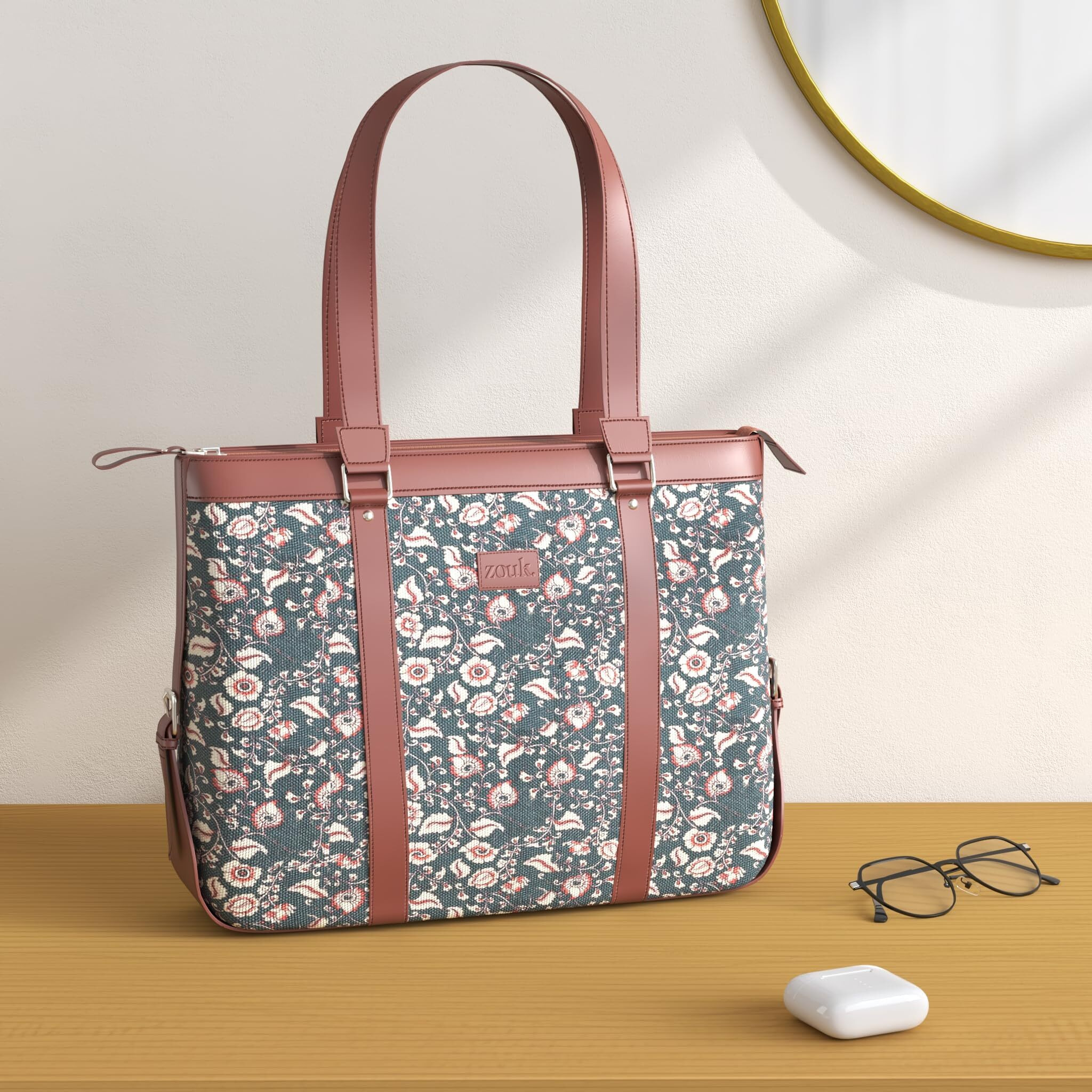 ZOUK Women's Handcrafted Blue Kalamkari Office and 15.6" Laptop Shoulder Bag