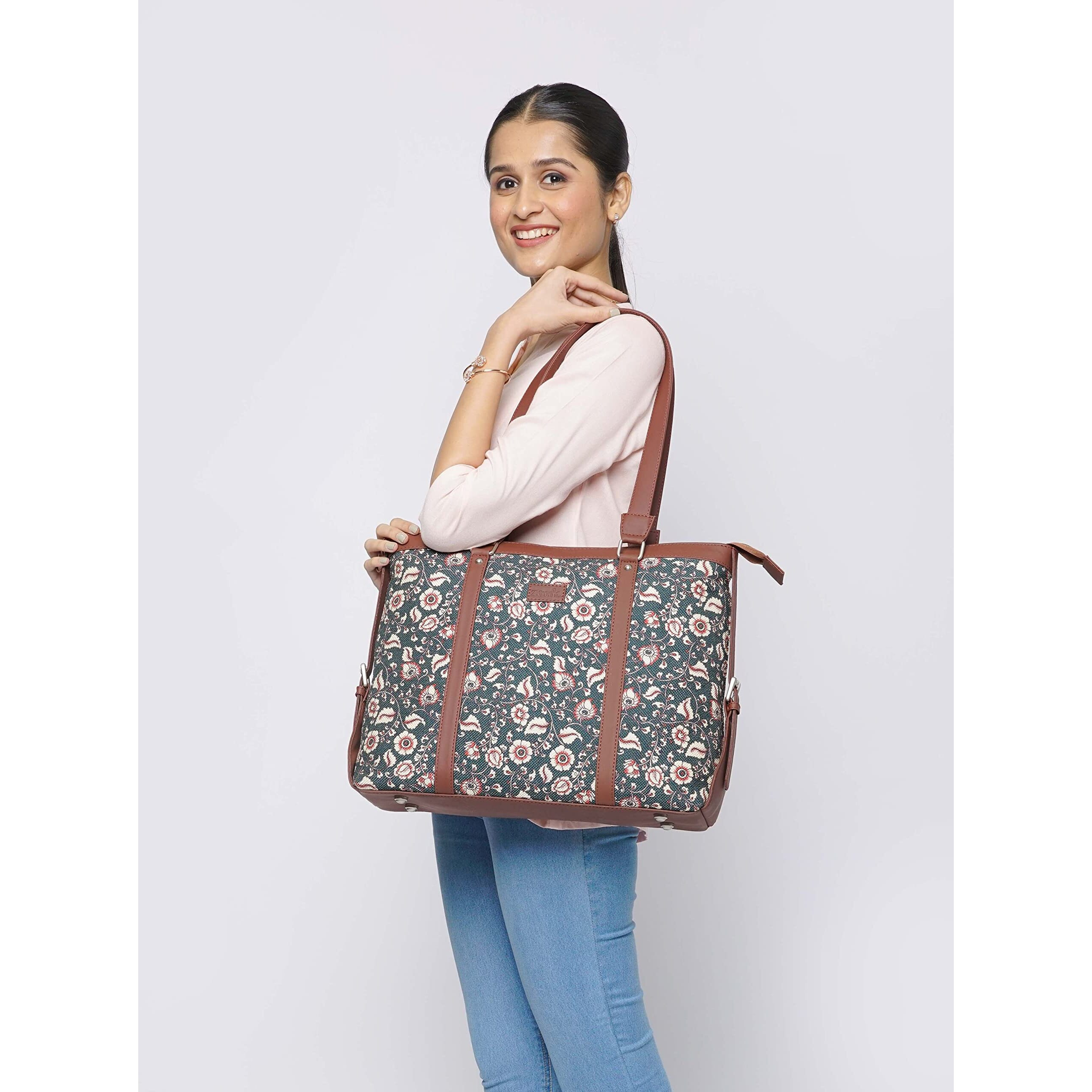 ZOUK Women's Handcrafted Blue Kalamkari Office and 15.6" Laptop Shoulder Bag