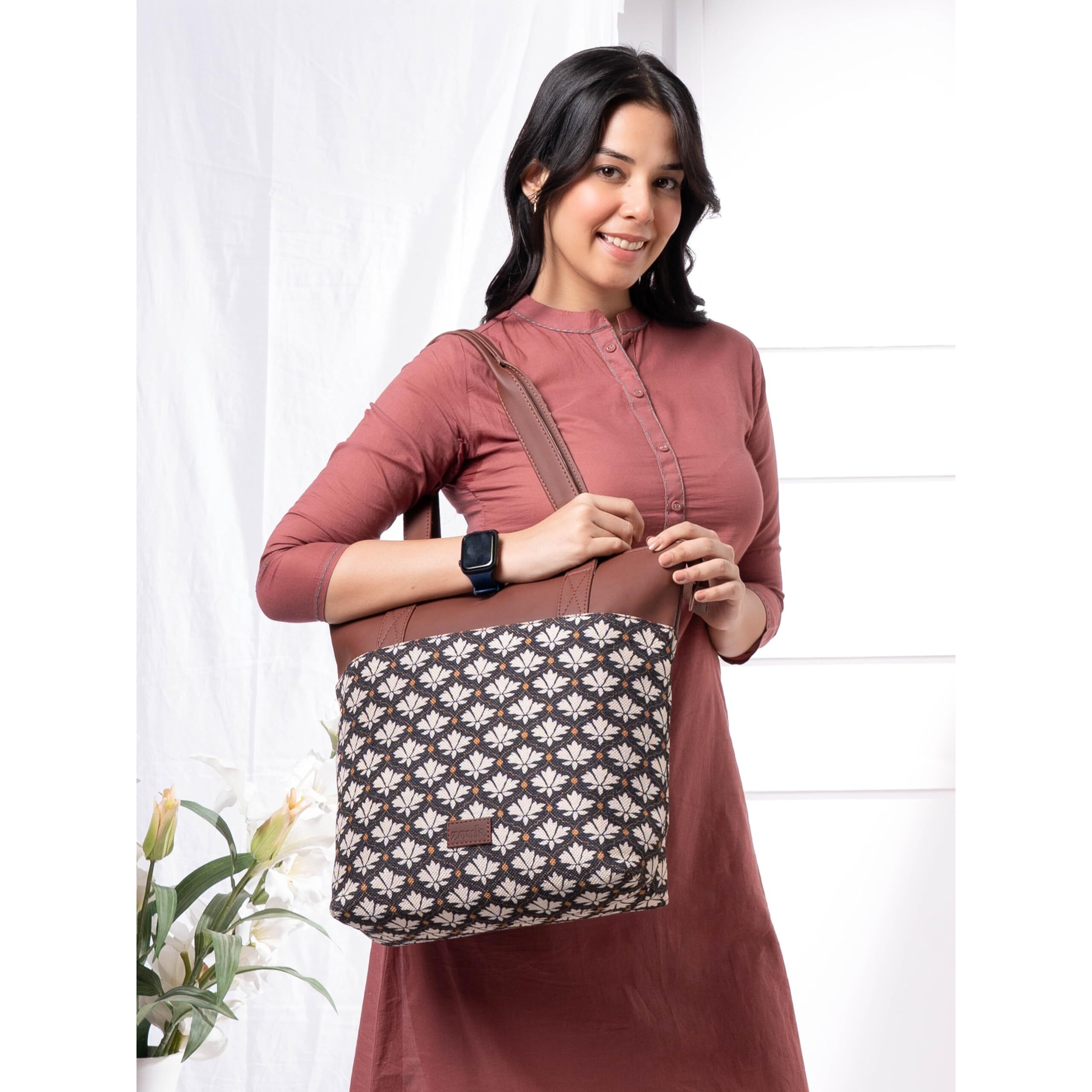 ZOUK Bidri Kaiser Floral Printed Women's Jute Handcrafted Vegan Leather Blue Everyday Tote