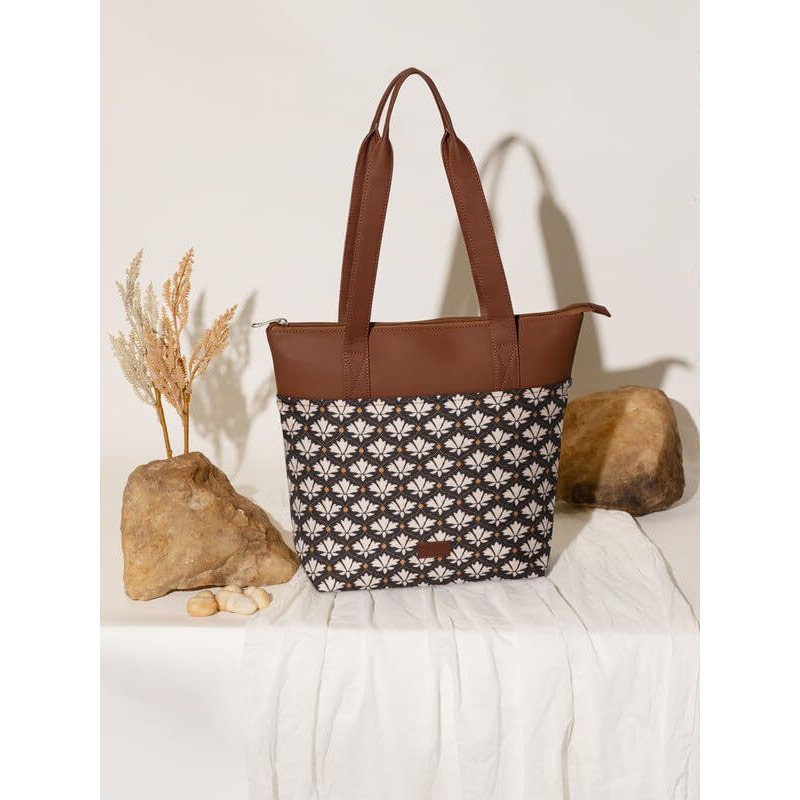 ZOUK Bidri Kaiser Floral Printed Women's Jute Handcrafted Vegan Leather Blue Everyday Tote