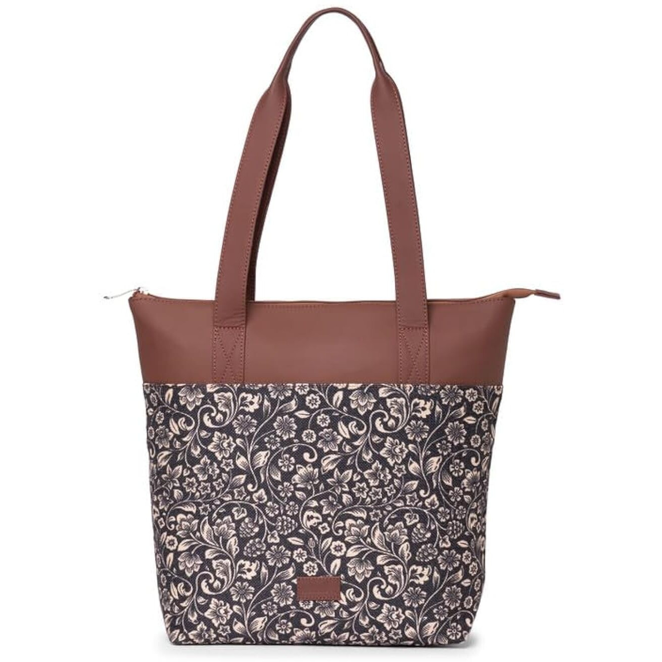 ZOUK Flomotif Floral Printed Women's Jute Handcrafted Vegan Leather Black Everyday Tote