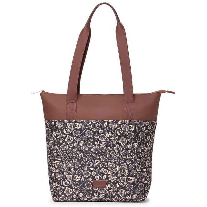 ZOUK Flomotif Floral Printed Women's Jute Handcrafted Vegan Leather Black Everyday Tote