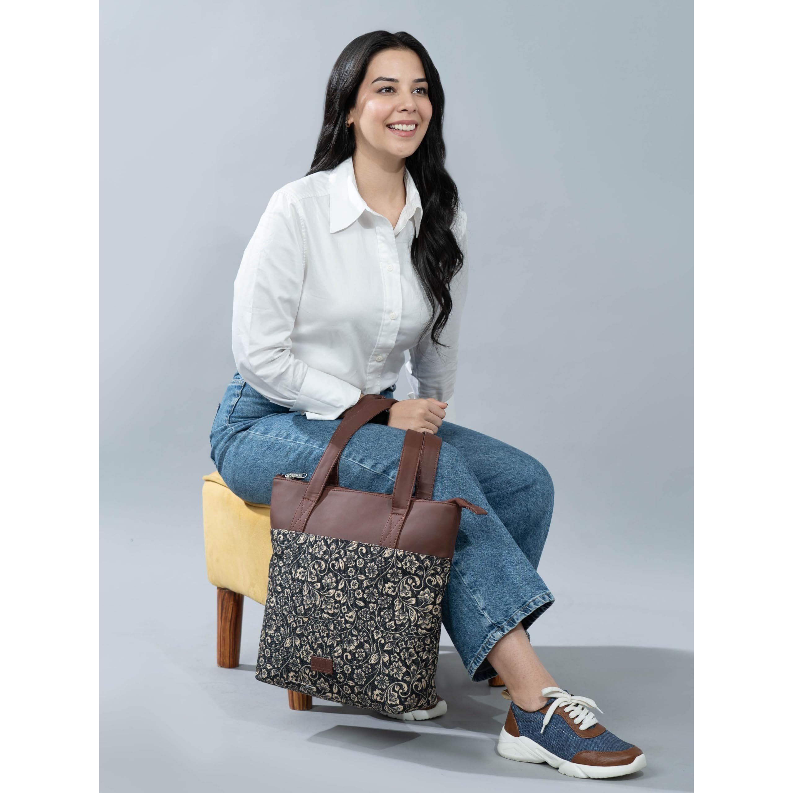 ZOUK Flomotif Floral Printed Women's Jute Handcrafted Vegan Leather Black Everyday Tote